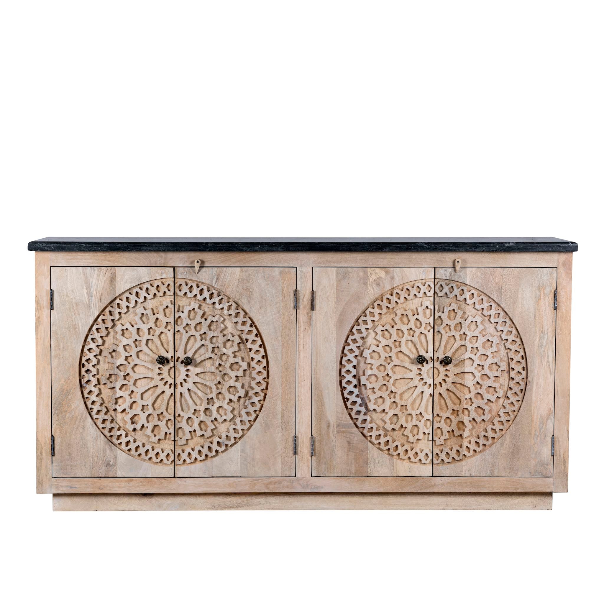 White background image of a handcrafted acacia wood sideboard with black marble top and ornate hand-carved doors – a luxurious piece of wood carved furniture.