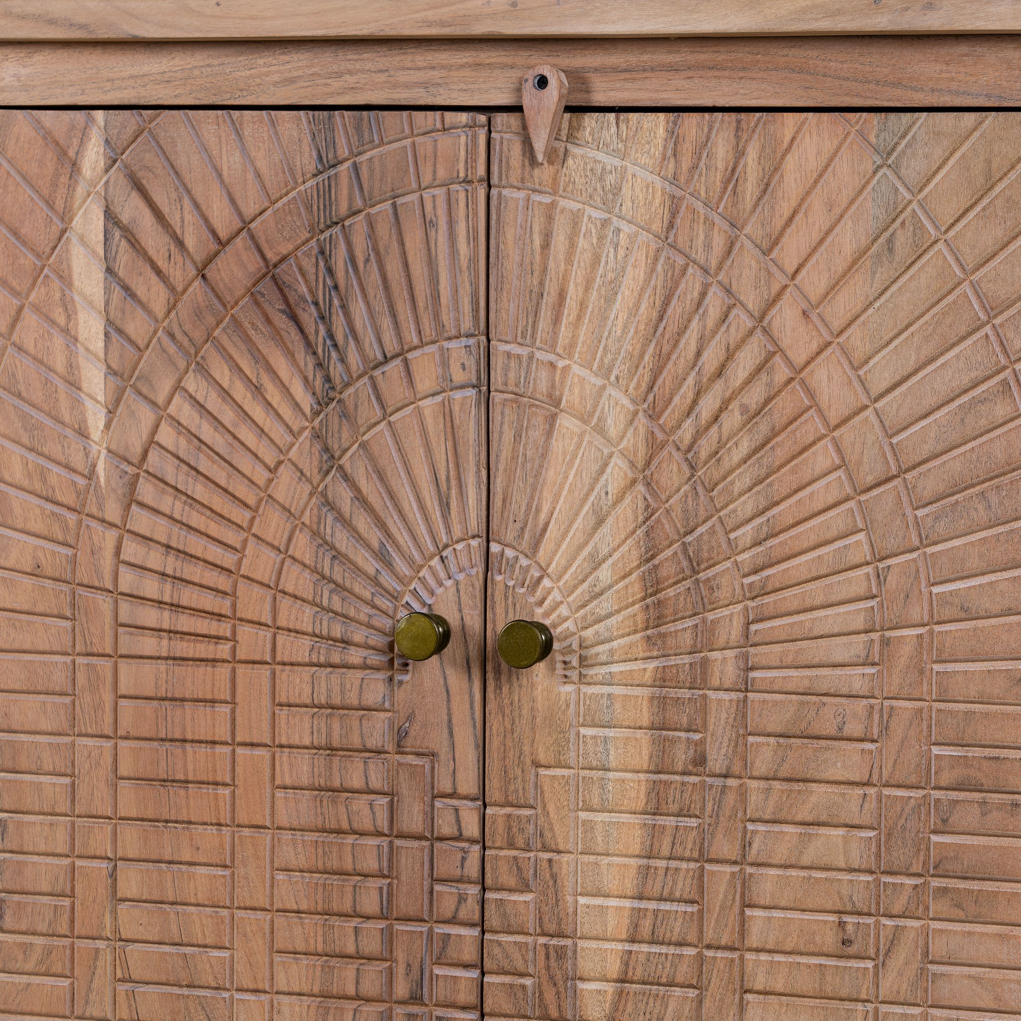 Close up image of a Acacia wood cabinet with hand-carved geometric patterns, artisan carved wood furniture for living room storage, 180 × 40 × 90 cm.