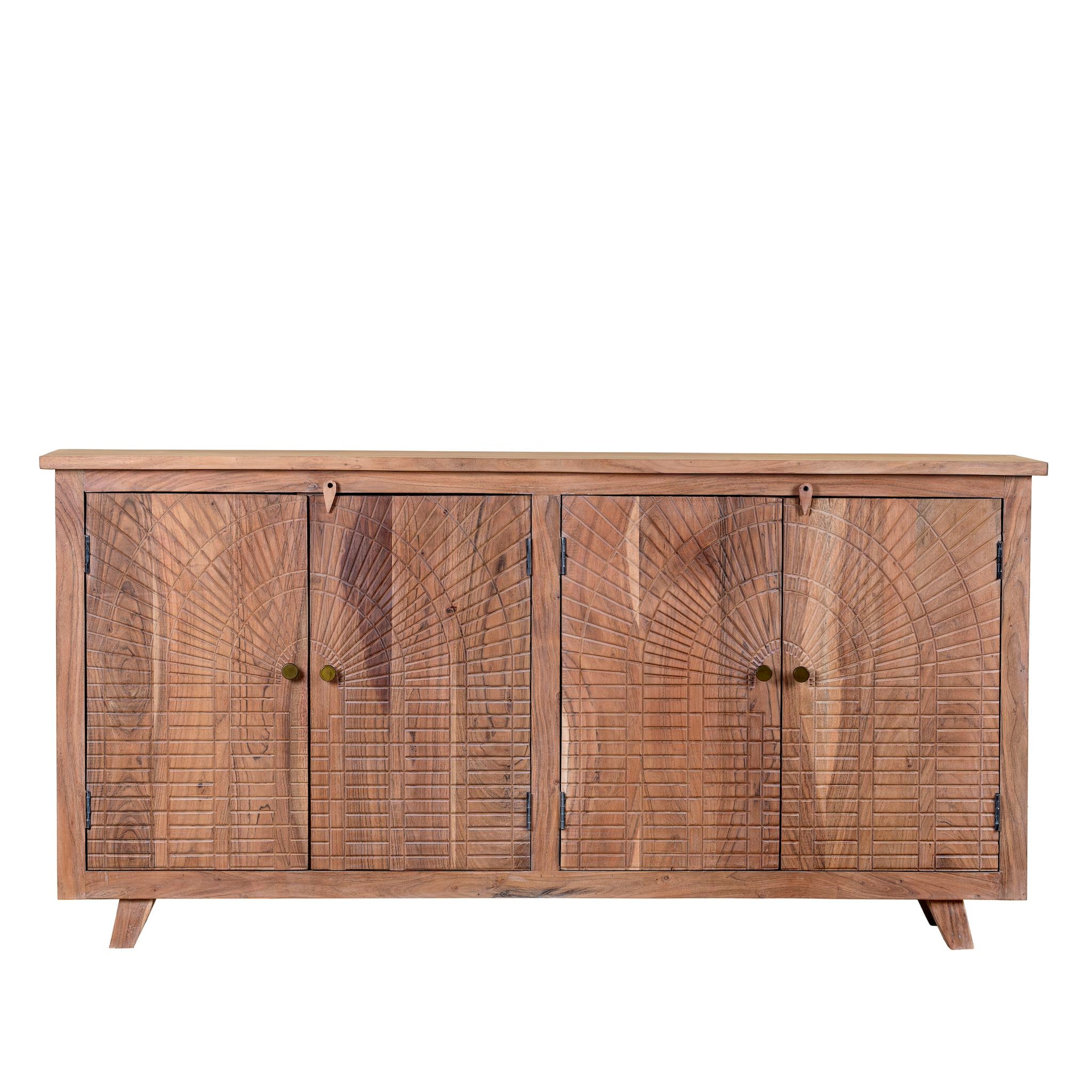 White background image of a Acacia wood cabinet with hand-carved geometric patterns, artisan carved wood furniture for living room storage, 180 × 40 × 90 cm.