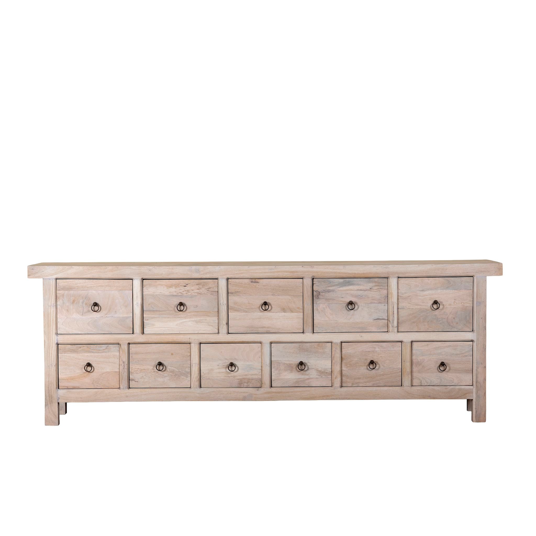 White background image of a reclaimed wood furniture chest of drawers with 11 drawers, Ibiza style living room furniture with sandblasted finish, 250 × 40 × 85 cm.