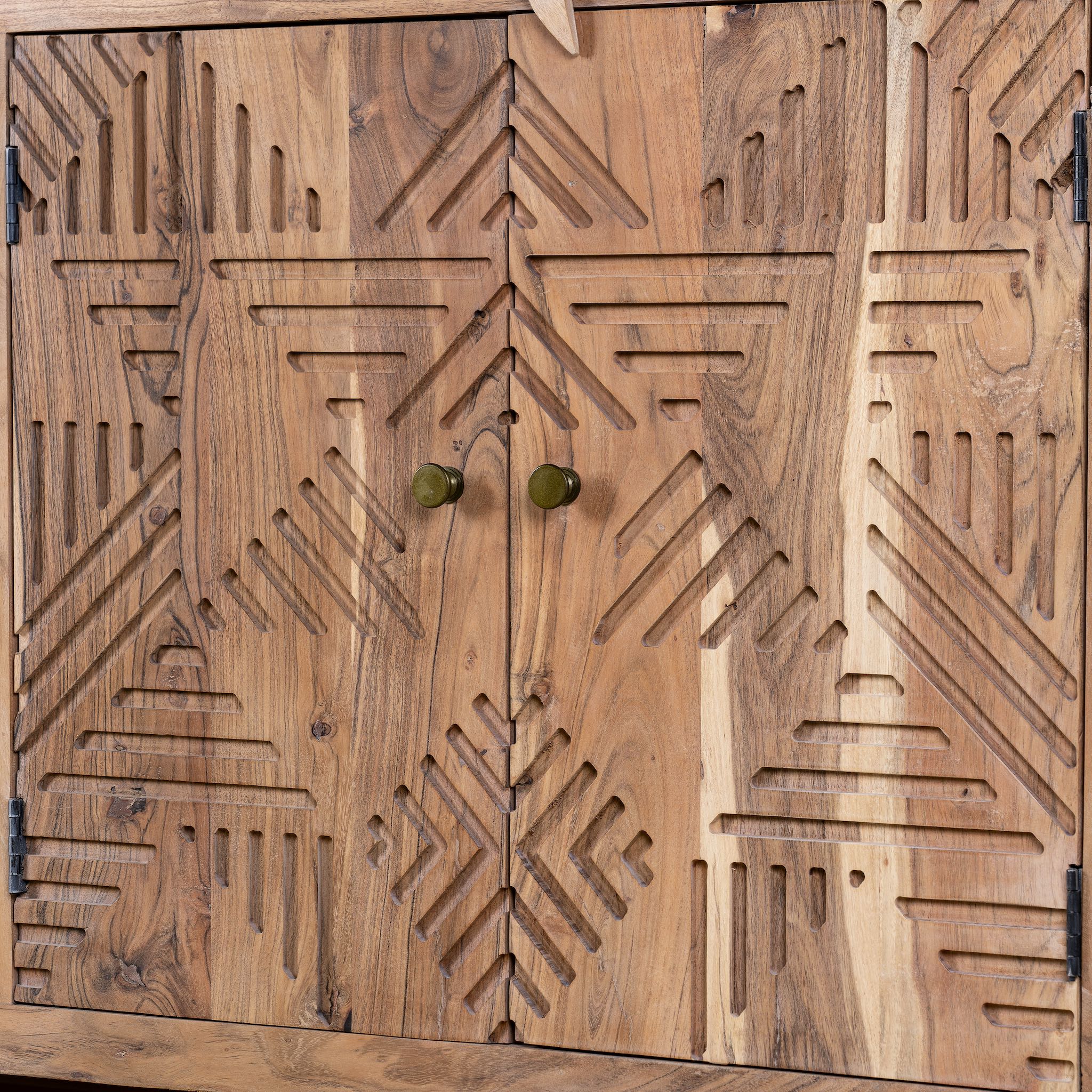 Close up picture of a acacia wood furniture sideboard with hand-carved detailing and brass knobs, modern living room furniture, 180 × 40 × 90 cm.