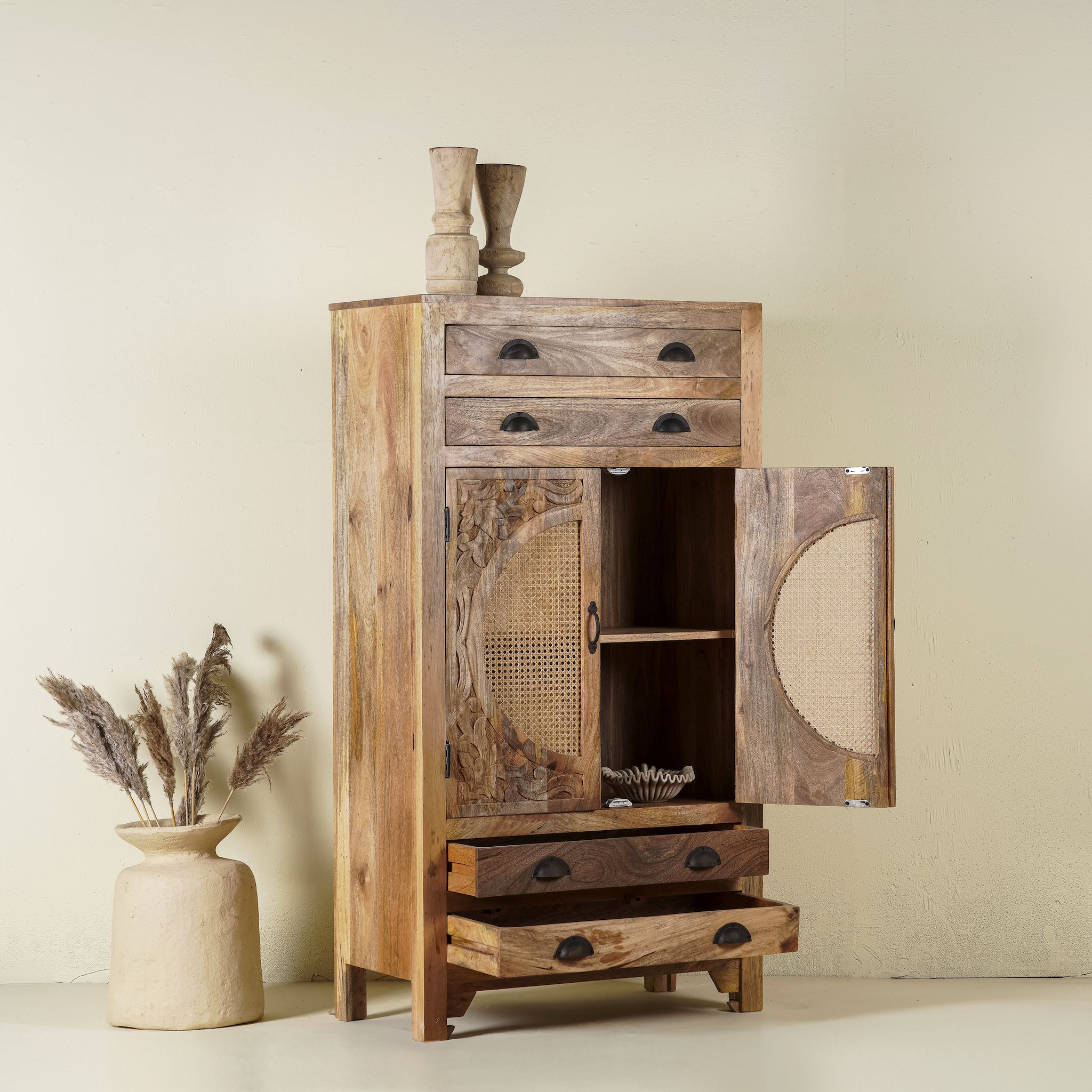 Handcrafted mango wood cabinet Agnayi with rattan inserts and floral carvings, rattan furniture for bohemian interior, 80 × 40 × 148 cm.