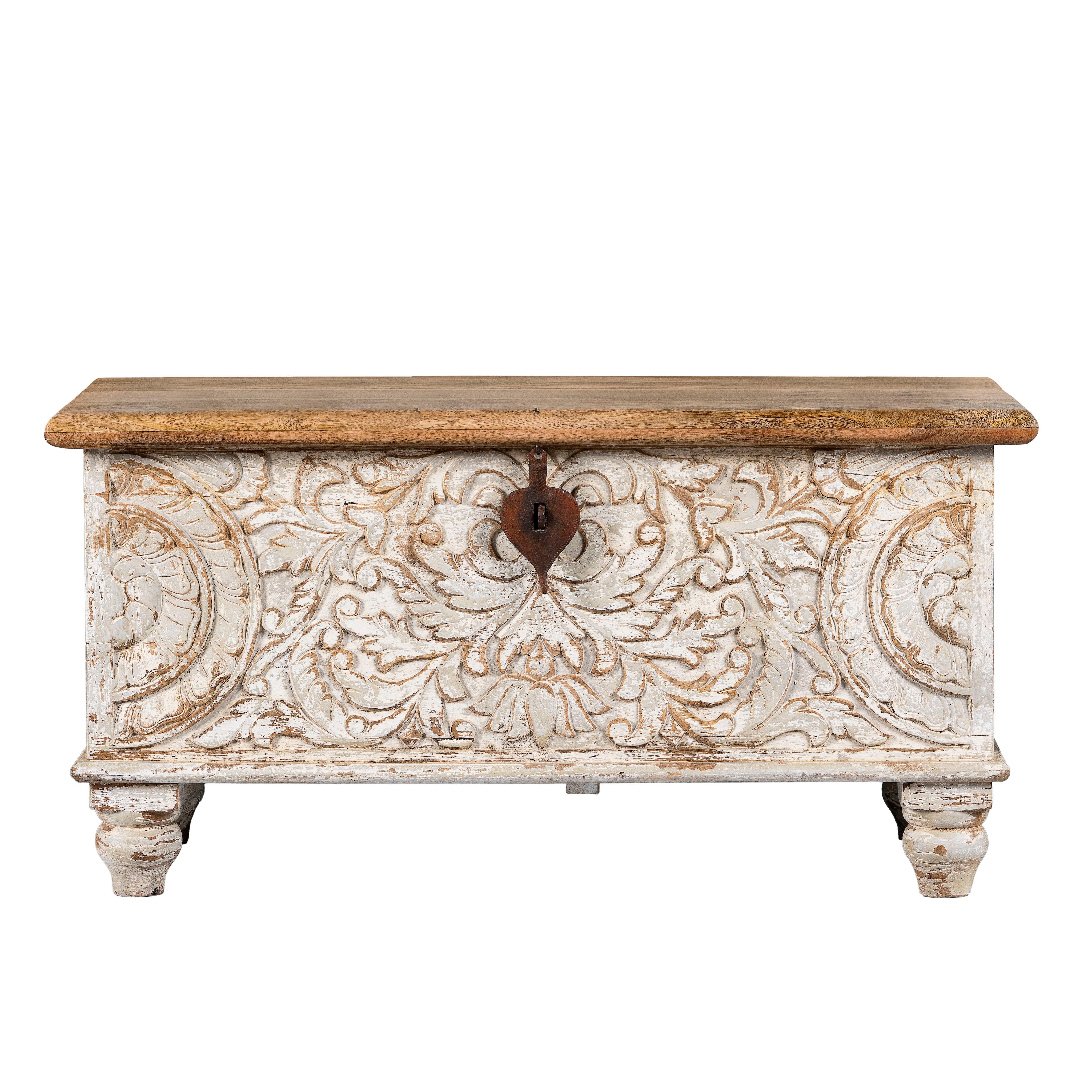 White background image of a hand-carved mango wood chest box with floral whitewashed detailing and iron handles – vintage home accessory and unique furniture with rustic charm.