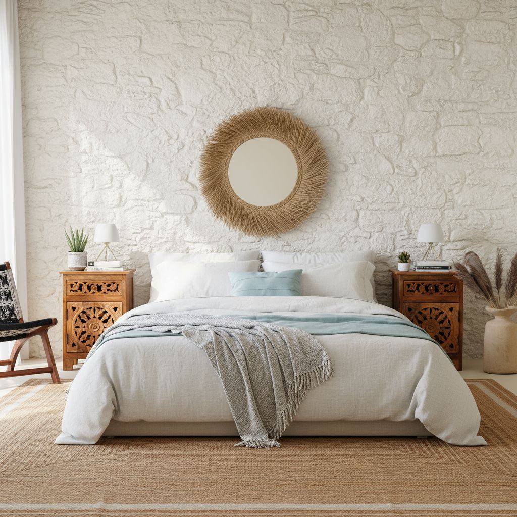 Lifestyle imagination of a Pair of mango wood night stands with hand carved floral and geometric detailing, warm teak finish; elegant hand carved furniture, 45 × 35 × 65 cm.