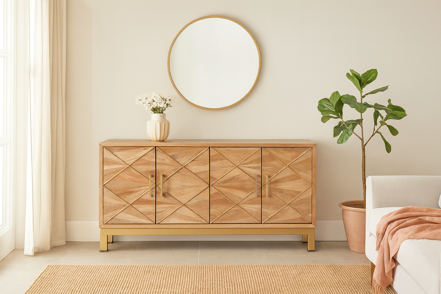 Lifestyle image of a handcrafted mango wood sideboard with star-carved doors and brass-plated iron stand—an artisanal furniture piece blending minimalistic and rustic design elements.
