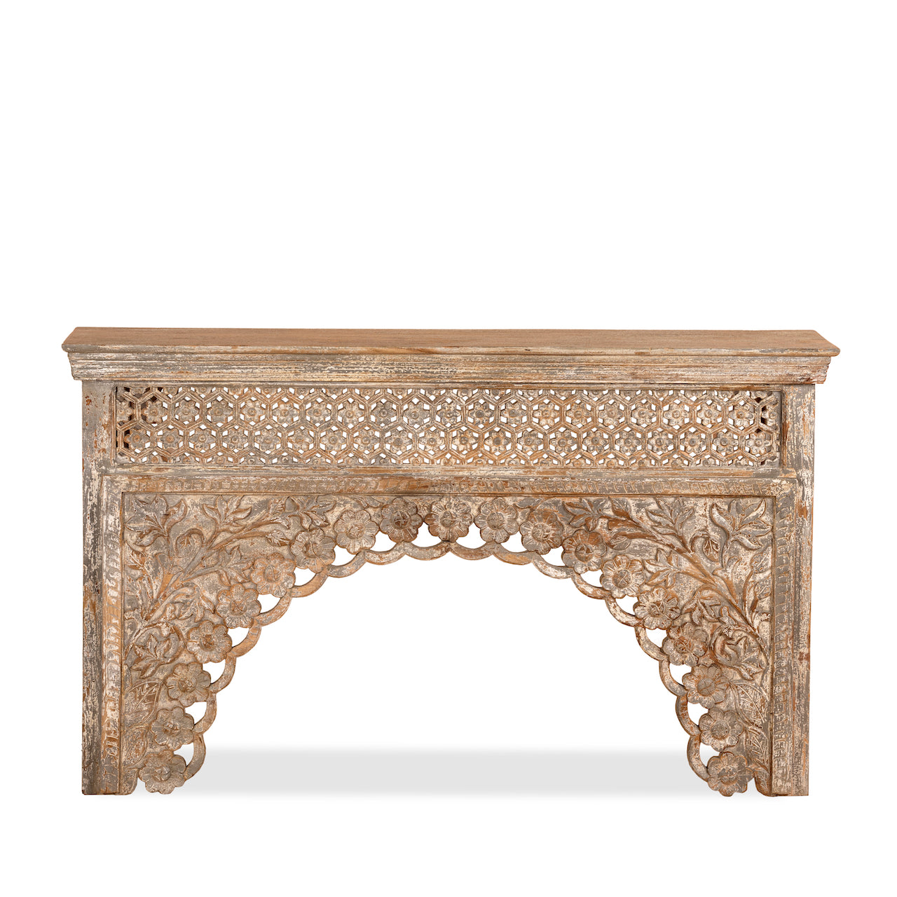 White background image of a vintage console table in mango wood with hand-carved floral and geometric patterns and arched detailing; carved console table, 150 × 90 × 40 cm.