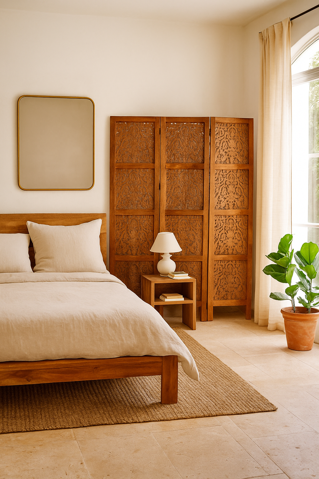 Lifestyle scene with a foldable room partition made from mango wood, featuring four panels with intricate hand-carved floral and lattice designs, finished in a warm natural tone and connected by black metal hinges for flexible positioning.