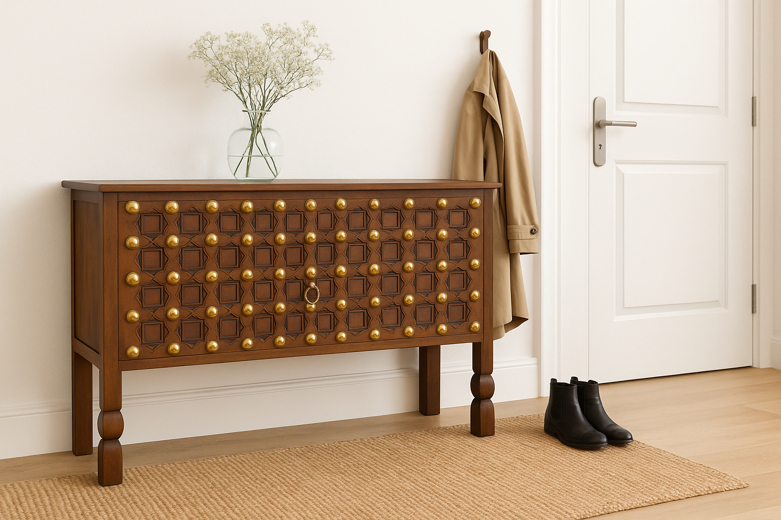 Lifestyle imagination of a antique door console table handcrafted from reclaimed teak wood with original paint; teak wood console, 180 × 90 × 43 cm.