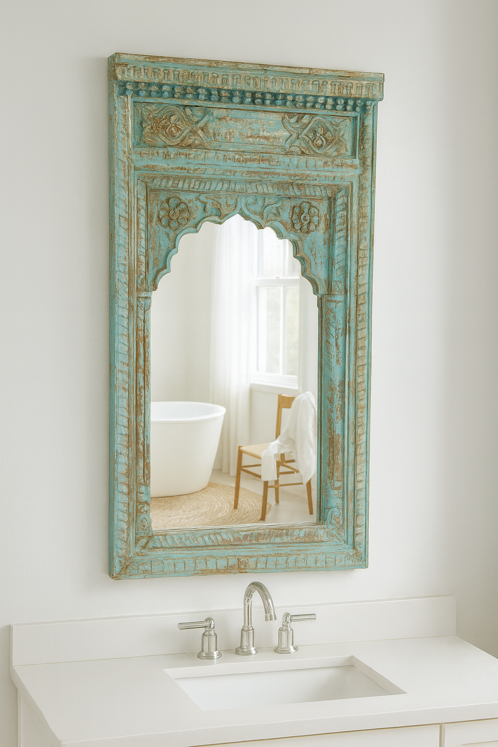 Lifestyle imagination of a hand carved wooden mirror made from antique Indian window frame, vintage green finish; 145 × 70 × 10 cm.