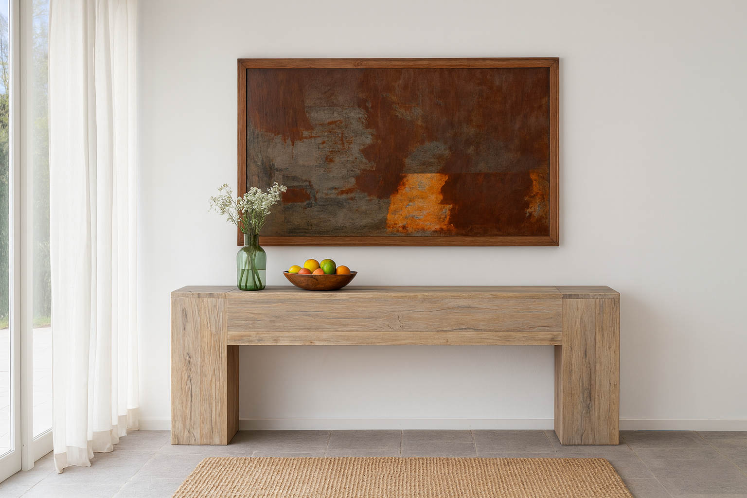 Minimalistic reclaimed mango wood entryway table with sun-washed finish and block design, 250 × 40 × 90 cm.