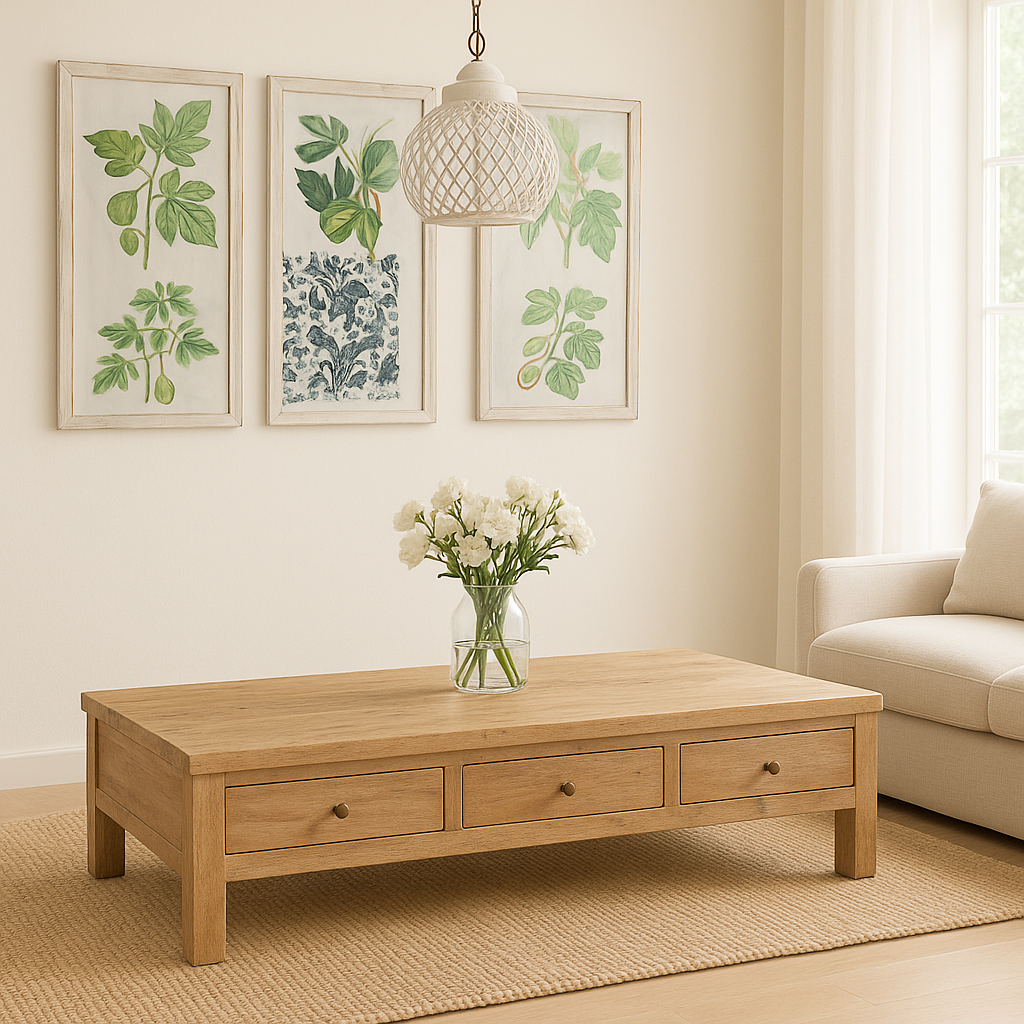 Lifestyle imagination of a minimalistic wooden coffee table made from reclaimed wood with three drawers; natural finish, 150 × 60 × 45 cm.