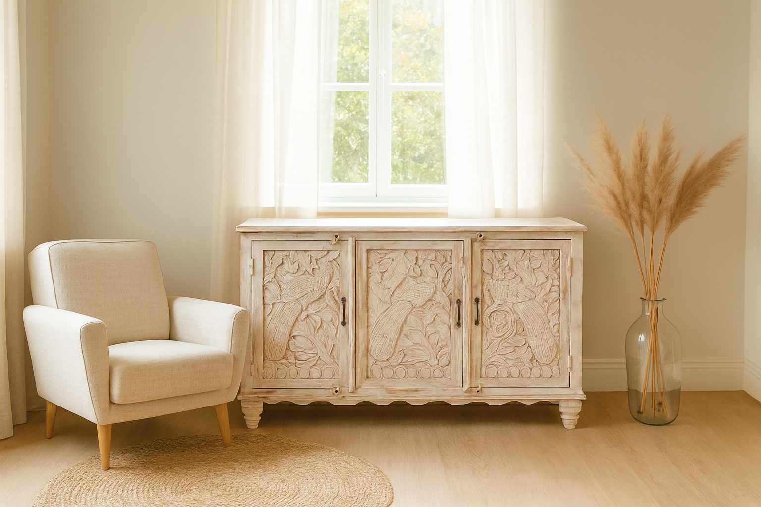 Lifestyle image of a hand-carved mango wood sideboard with peacock and foliage motifs, whitewashed finish; perfect for Indian home decor, 150 × 95 × 40 cm.