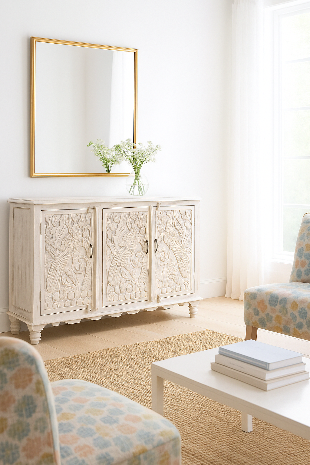 Lifestyle image of a hand-carved mango wood sideboard with peacock and foliage motifs, whitewashed finish; perfect for Indian home decor, 150 × 95 × 40 cm.