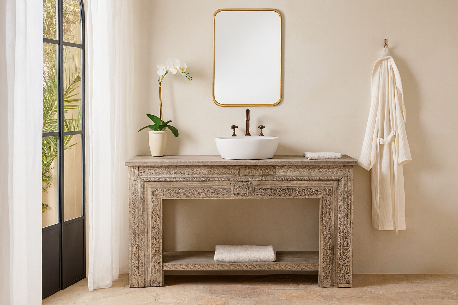 Lifestyle imagination of a carved console table made from reclaimed teak with antique Indian floral and geometric detailing, 160 × 40 × 90 cm.