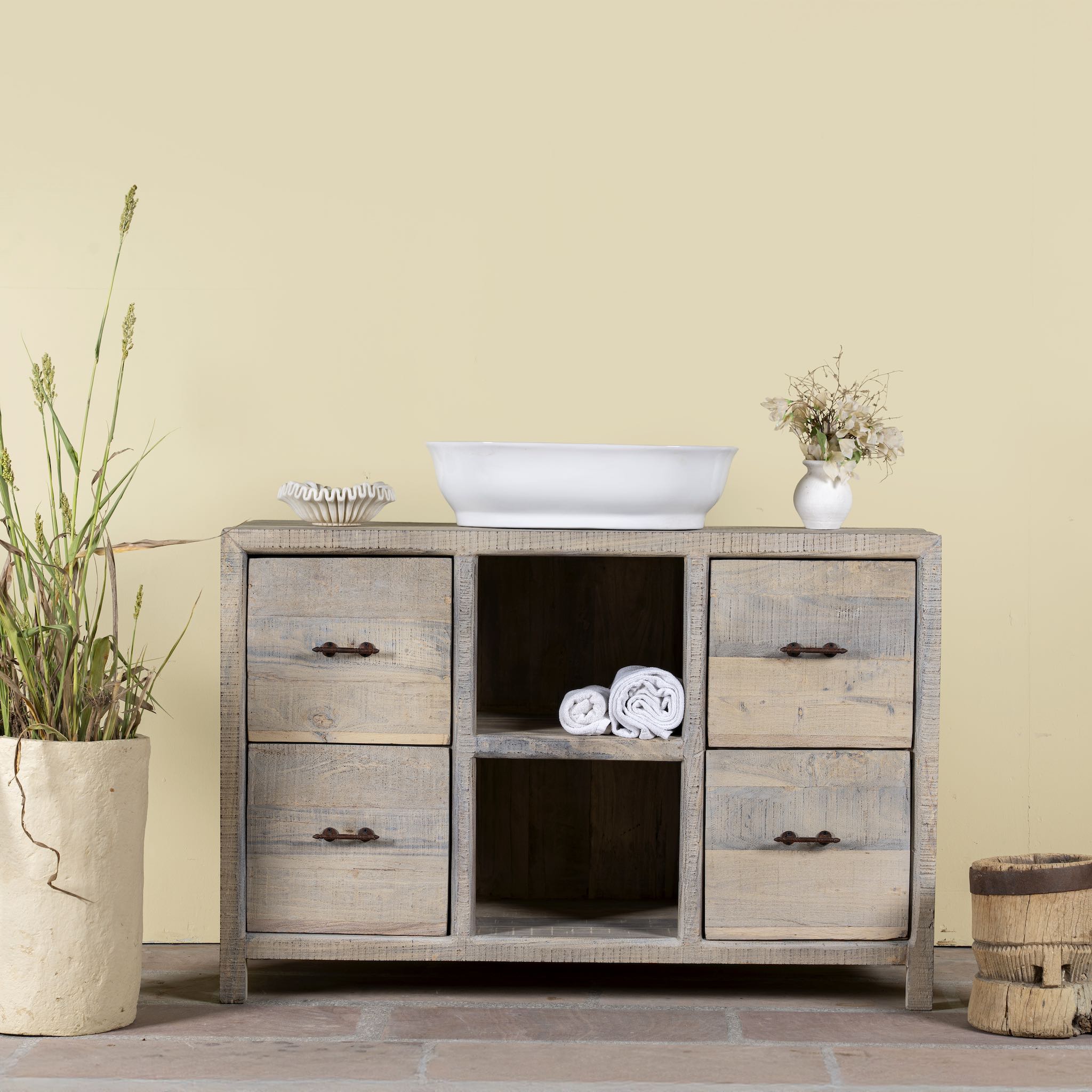 Reclaimed wood console with 6 drawers and 2 open shelves; Ibiza style bathroom console with matching Bhavya mirror available, 120 × 50 × 80 cm.