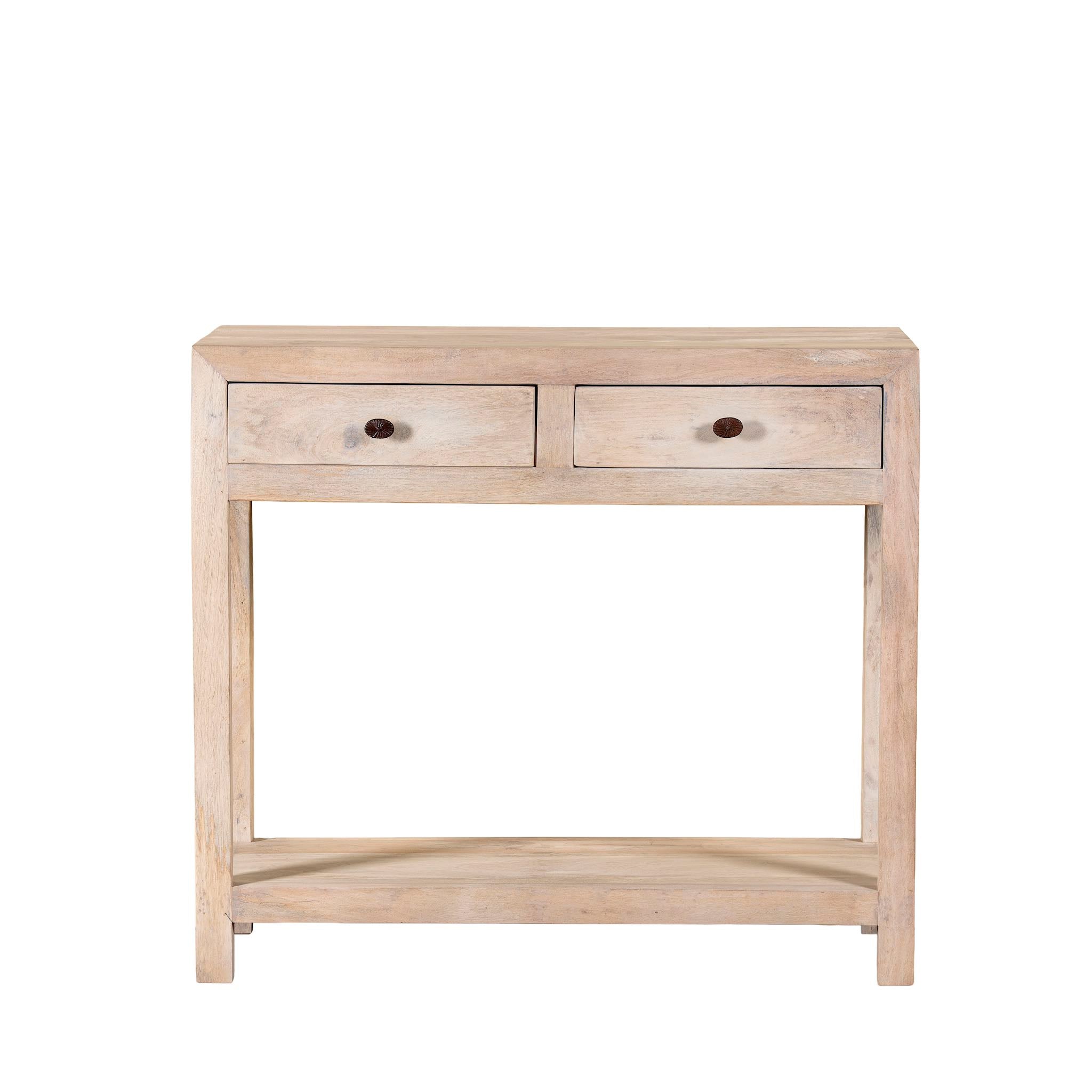 White background image of a Ibiza style reclaimed wood console table with two drawers and a lower shelf, whitewashed finish, 100 × 40 × 90 cm.