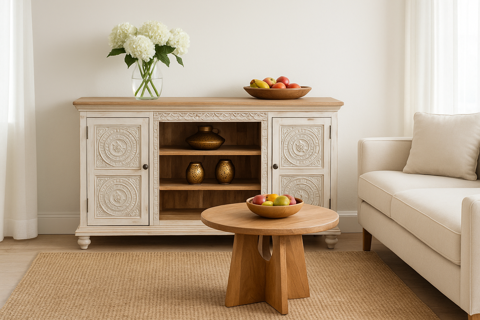 Lifestyle imagination of a carved mango wood console table with Indian motifs and natural finish; vintage furniture with 3 compartments and 2 drawers, 150 × 75 × 40 cm.