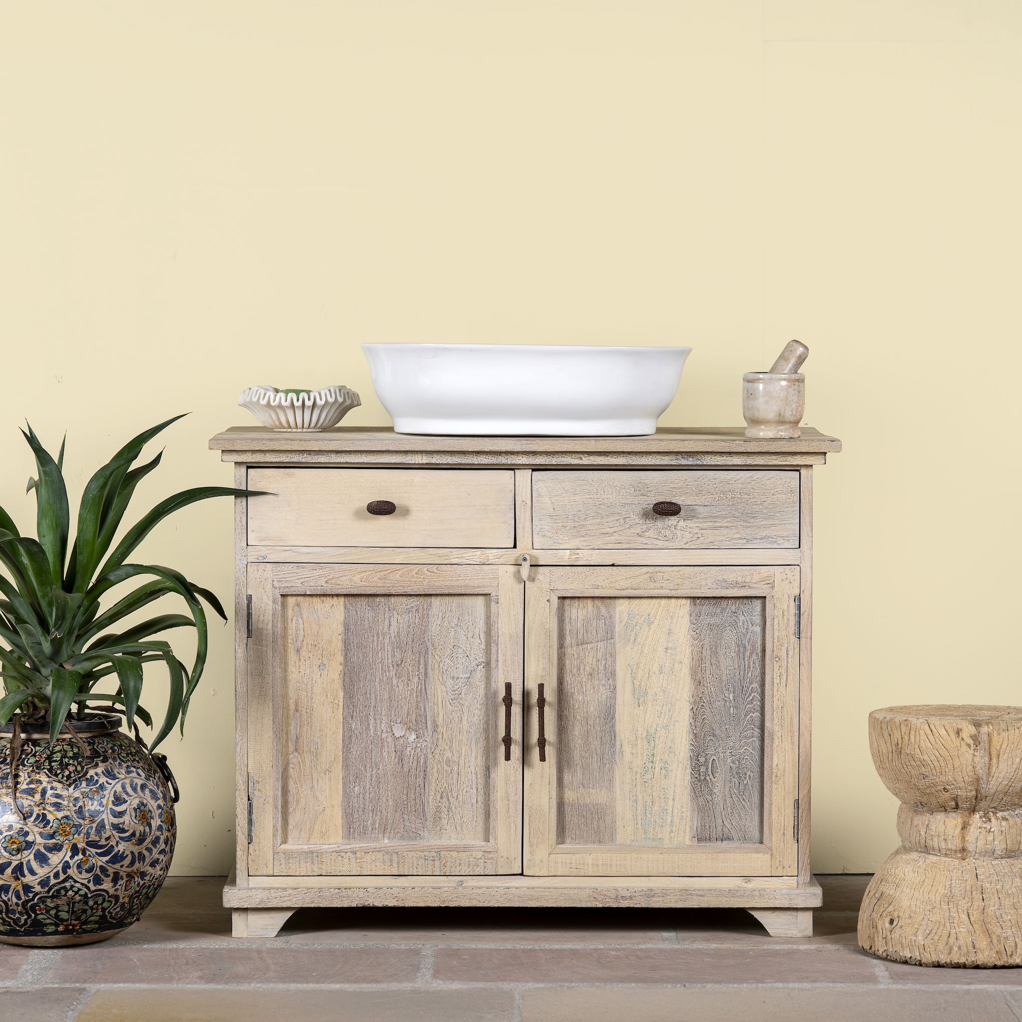 Reclaimed wood sandblasted cupboard with 2 drawers and 2 doors; sustainable bathroom furniture, 100 × 50 × 80 cm.