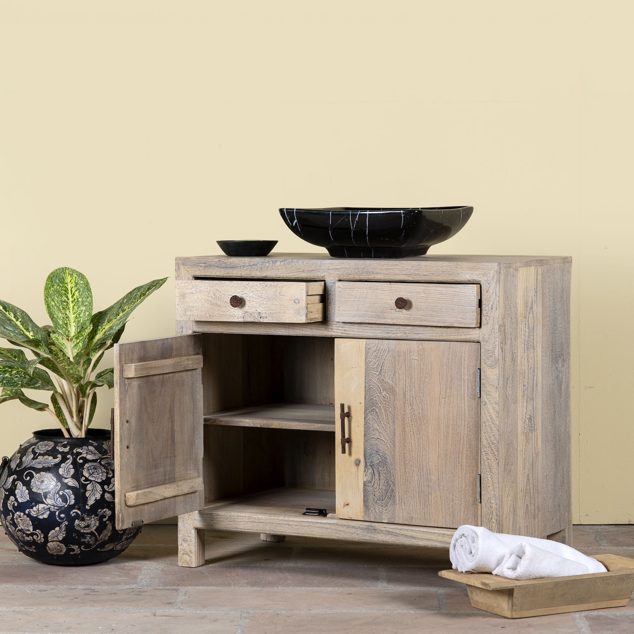 Open door image of a reclaimed wood cupboard with 2 drawers and 2 doors, rustic finish; sustainable bathroom furniture, 90 × 50 × 80 cm.