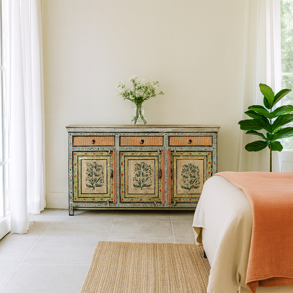 Lifestyle imagination of a hand-painted sideboard made from reclaimed wood, featuring three drawers and three cabinet doors adorned with intricate floral borders and tree motifs in earthy green and warm tones, finished in a soft distressed patina for a vintage artisanal look.