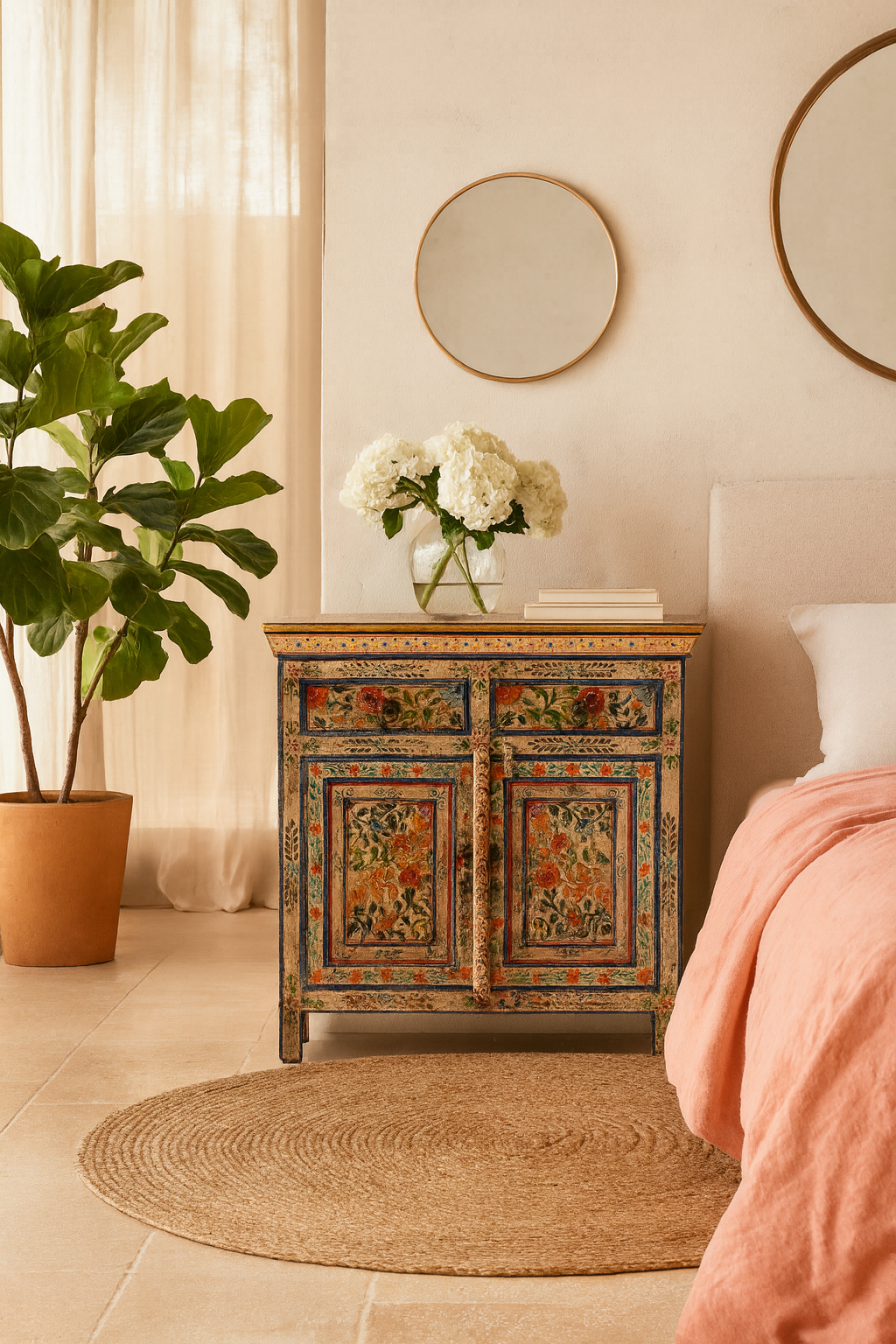 Lifestyle imagination of a sustainable hand painted wooden cabinet with Mediterranean floral design, made from recycled wood, 90 × 90 × 40 cm.