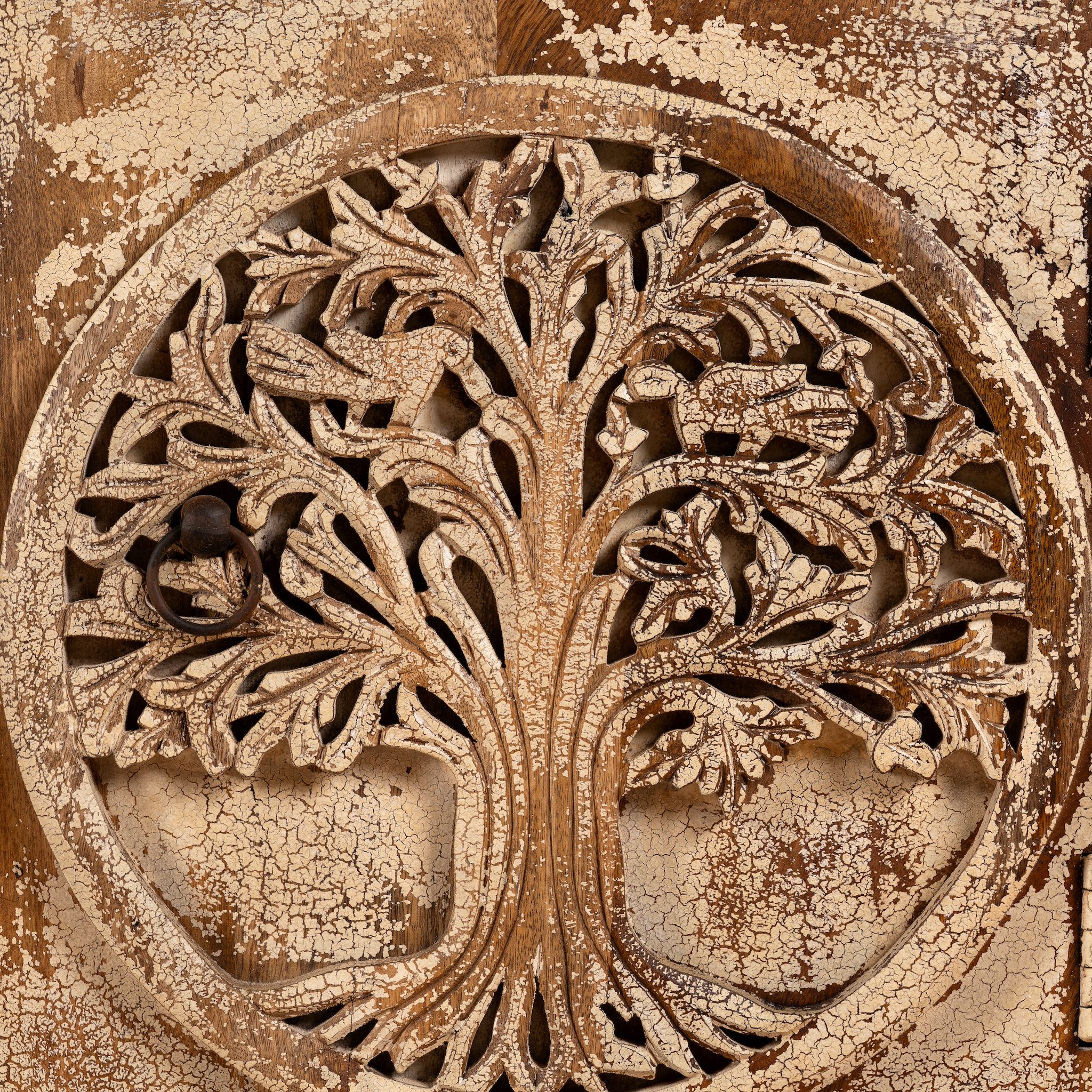 Close up image of a pair of mango wood bedside tables with hand-carved tree motifs and antique finish; perfect bedroom furniture and mango wood furniture, 50 × 70 × 40 cm.