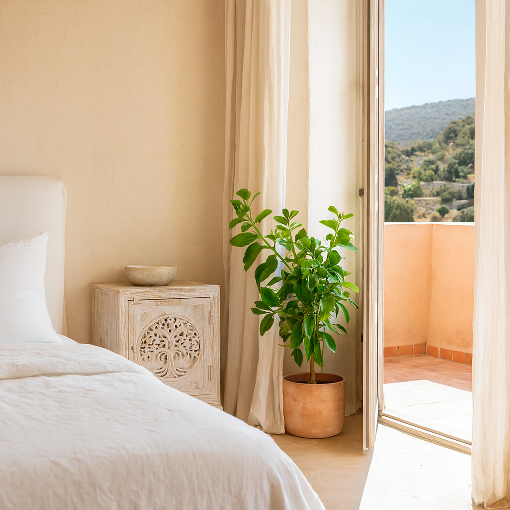 Lifestlye image of a pair of mango wood bedside tables with hand-carved tree motifs and antique finish; perfect bedroom furniture and mango wood furniture, 50 × 70 × 40 cm.