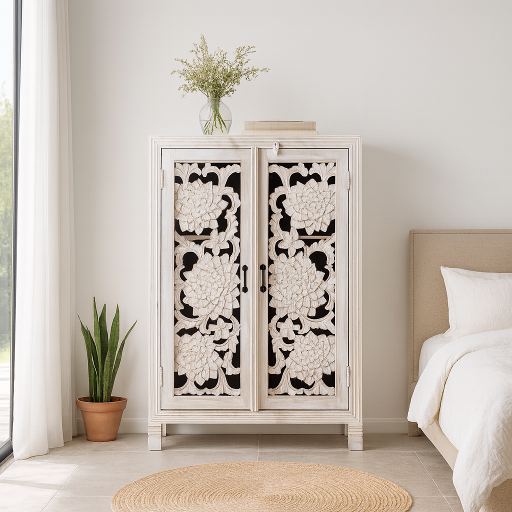 Lifestyle imagination of a white washed mango wood cabinet with three compartments and hand‑carved floral doors, vintage style, 75 × 40 × 120 cm.