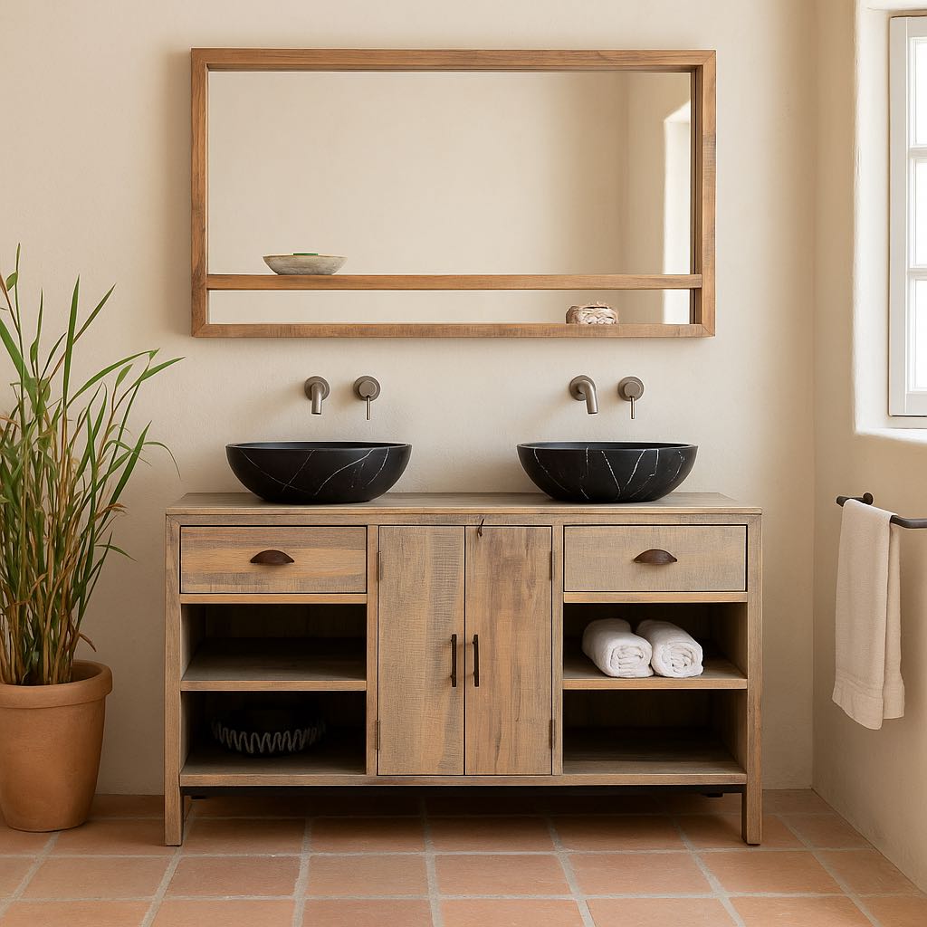 Lifestyle imagination of a bathroom console table wood with 2 drawers, 2 doors, and 4 open shelves; reclaimed wood bathroom furniture, 150 × 50 × 80 cm.