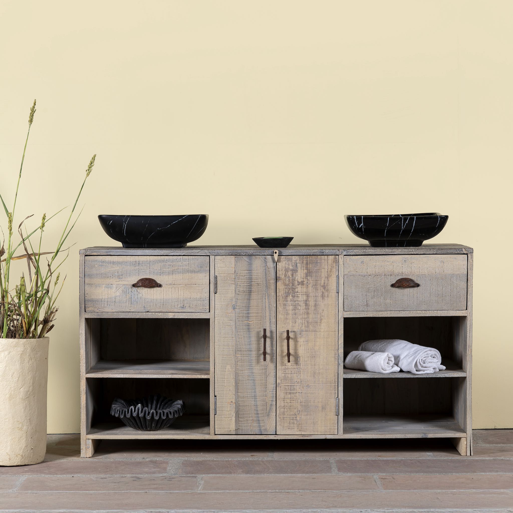Bathroom console table wood with 2 drawers, 2 doors, and 4 open shelves; reclaimed wood bathroom furniture, 150 × 50 × 80 cm.