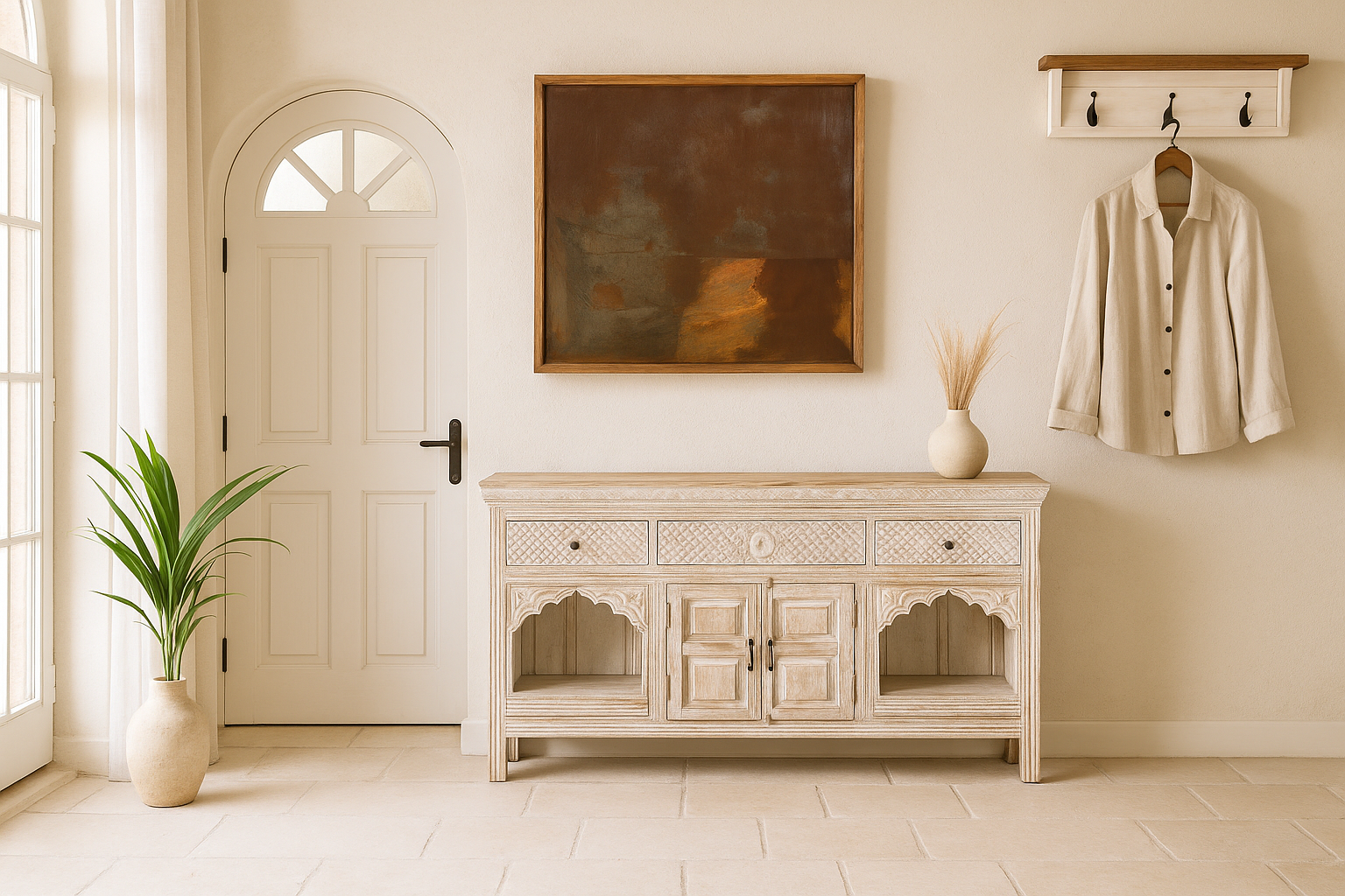 Lifestyle image of a handcrafted wooden carved sideboard with oriental arches and whitewashed finish; perfect as an entryway table vintage feature, 160 × 80 × 40 cm.