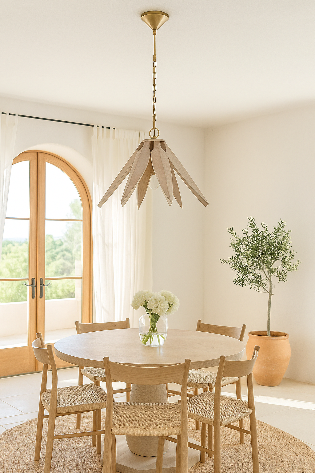 Lifestyle image of a vintage pendant lamp made from white-washed mango wood in a floral design, suspended by a brass-plated hanger – elegant mango wood lighting for bedrooms, living rooms, or dining areas.