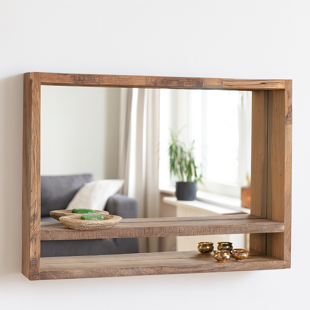 Lifestyle imagination of a rectangular reclaimed wooden mirror with sandblasted finish and integrated shelf; rustic bathroom mirror with storage, 90 × 15 × 60 cm.