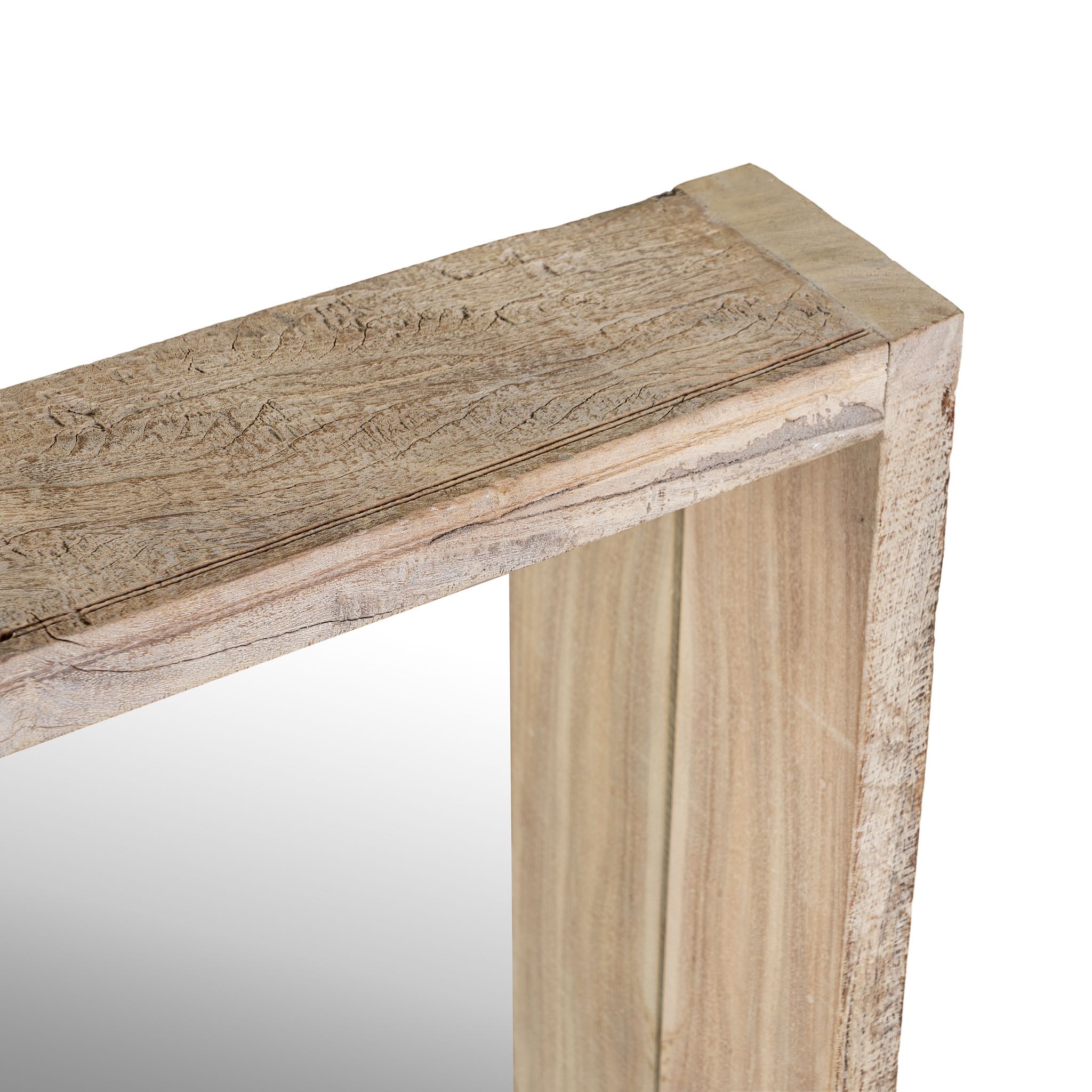 Close up image of a rectangular reclaimed wooden mirror with sandblasted finish and integrated shelf; rustic bathroom mirror with storage, 90 × 15 × 60 cm.