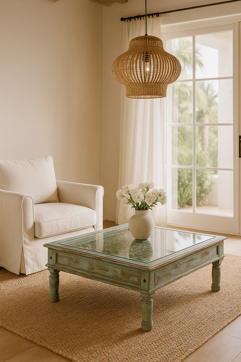 Lifestyle image of a hand carved mango wood coffee table with floral pattern and multi-layer finish; vintage-inspired coffee table, 120 × 90 × 45 cm.