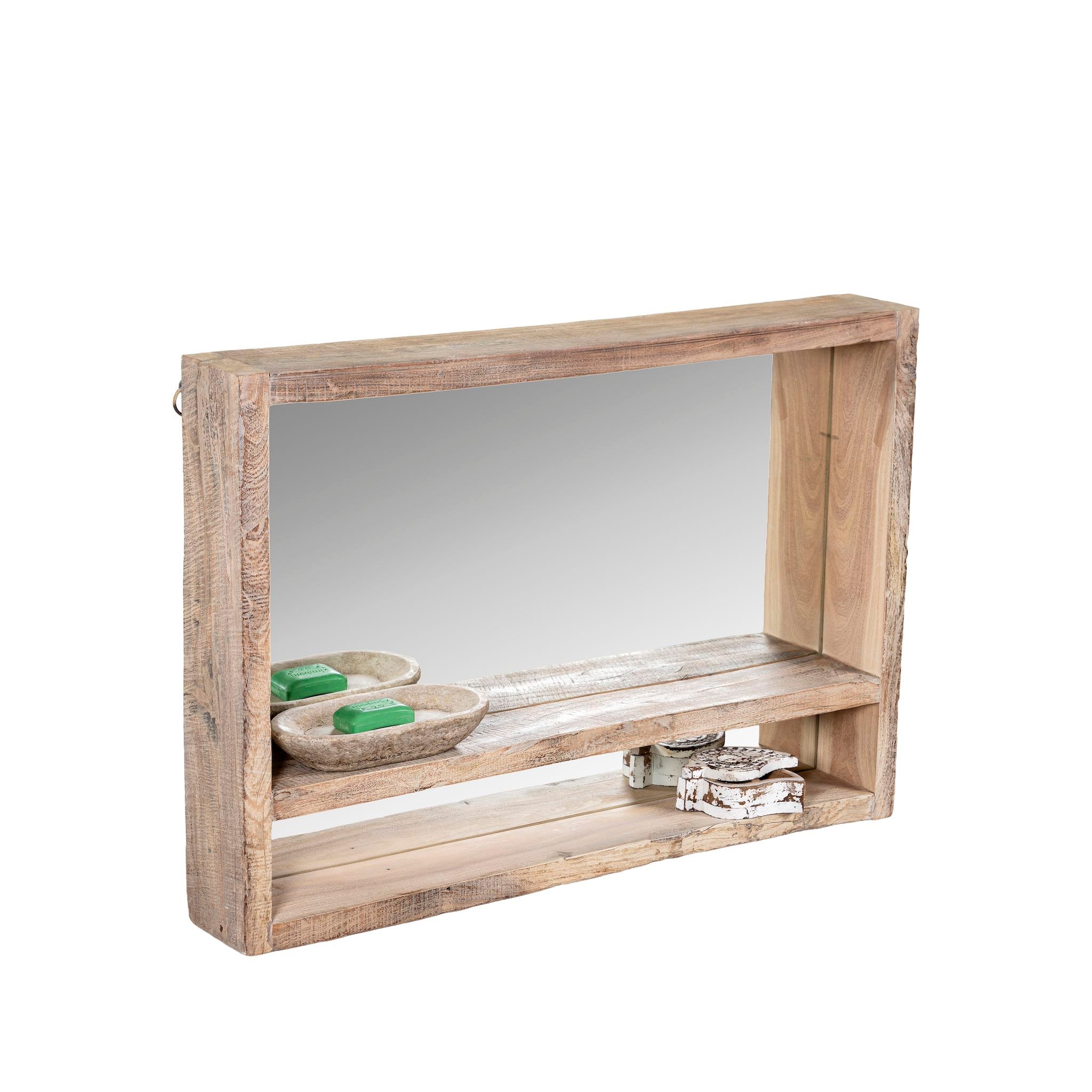 Rectangular reclaimed wooden mirror with sandblasted finish and integrated shelf; rustic bathroom mirror with storage, 90 × 15 × 60 cm.