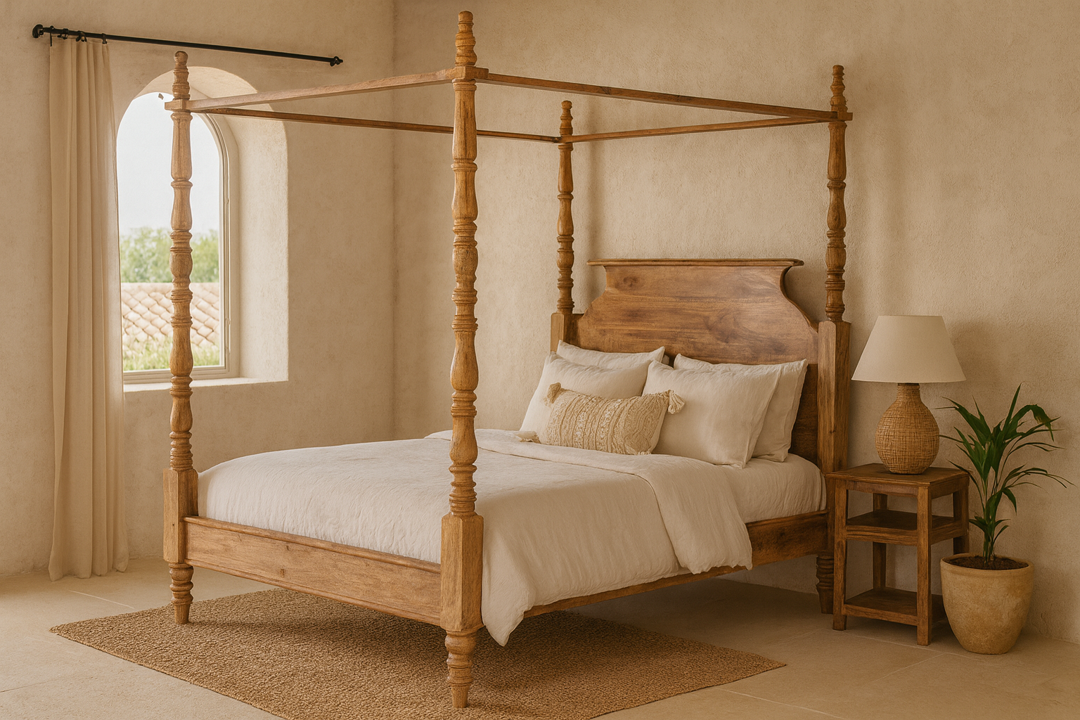Handcrafted four poster boho bed Bistar in solid mango wood, Mediterranean-inspired artisanal bedroom furniture, 190 × 200 cm.