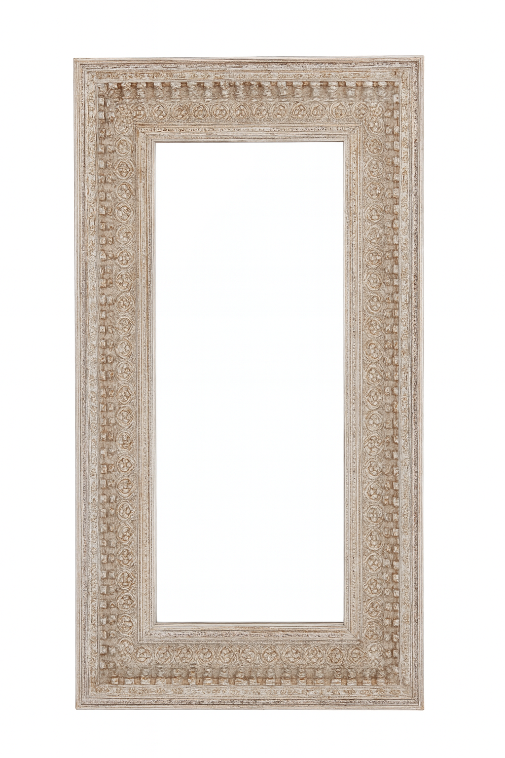 White background image of a tall white washed wall mirror with hand carved wooden mango wood frame; 180 × 90 × 10 cm.