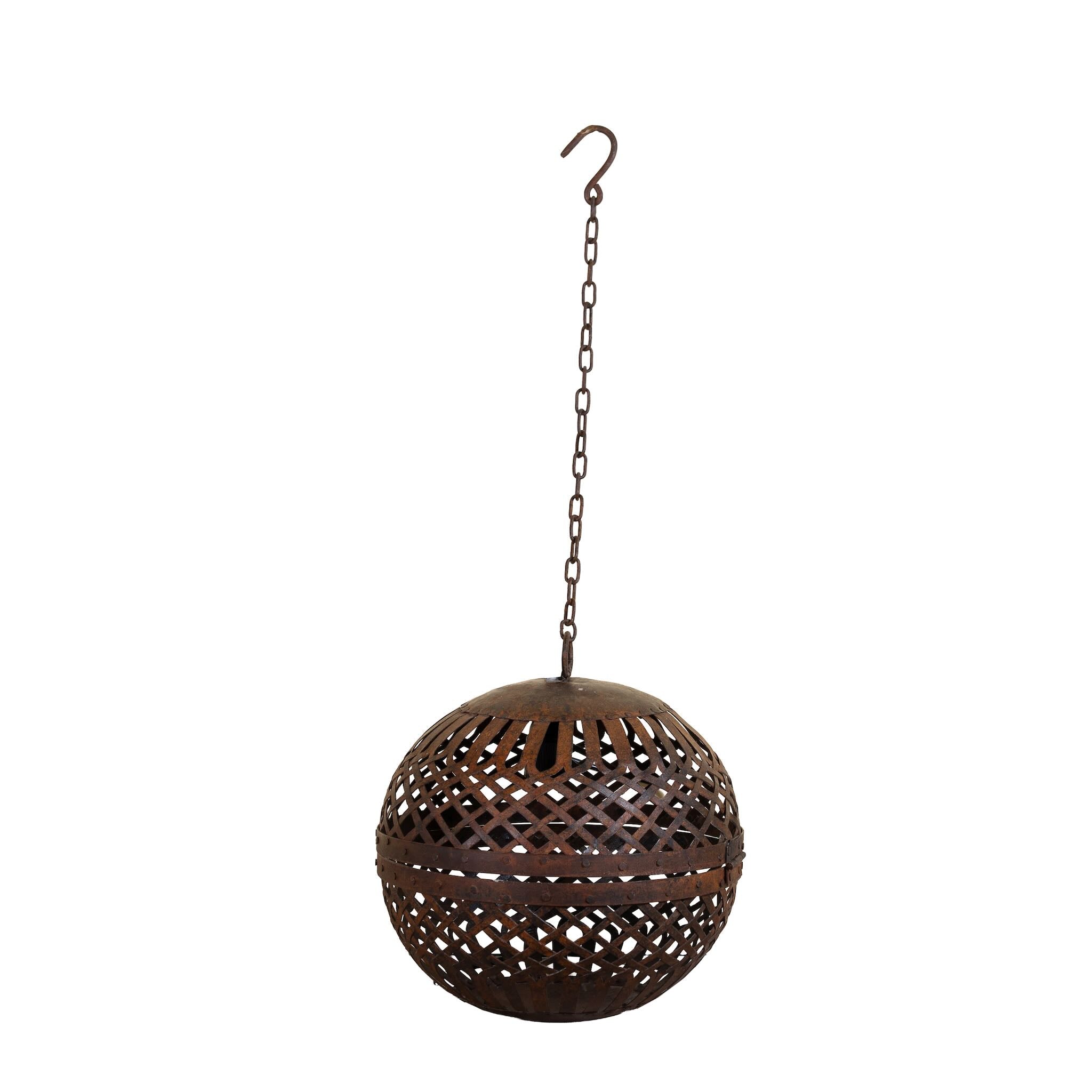 White background image of a Champa hand crafted metal pendant light with spherical lattice design and iron chain—an artisan lighting piece from our collection of compact metal pendant lights and hand forged metal lamps.