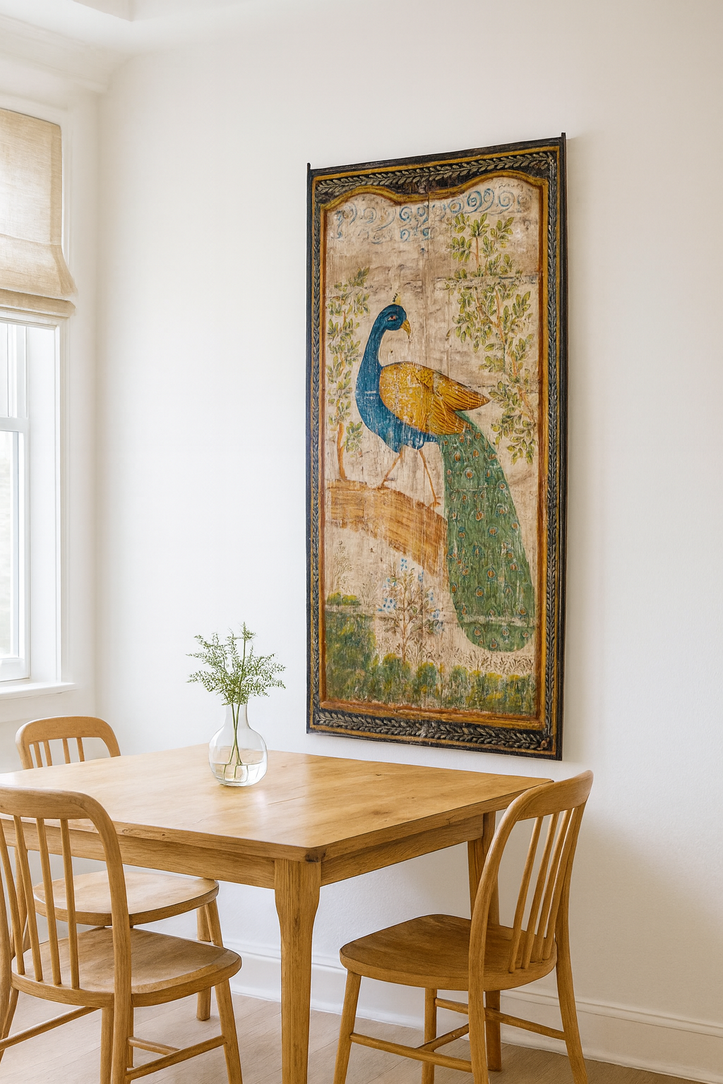 Lifestyle imagination of a hand-painted wooden wall panel made from an old teak door with peacock motif; vintage wall panels and India home accessories, 88 × 8 × 171 cm.