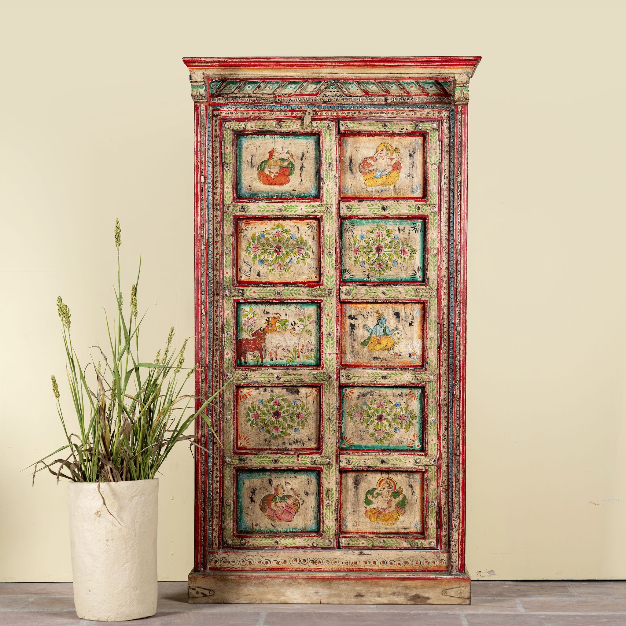 Antique hand painted wardrobe made from reclaimed teak wood with Indian motifs; unique furniture and teak wood furniture, 113 × 50 × 190 cm.