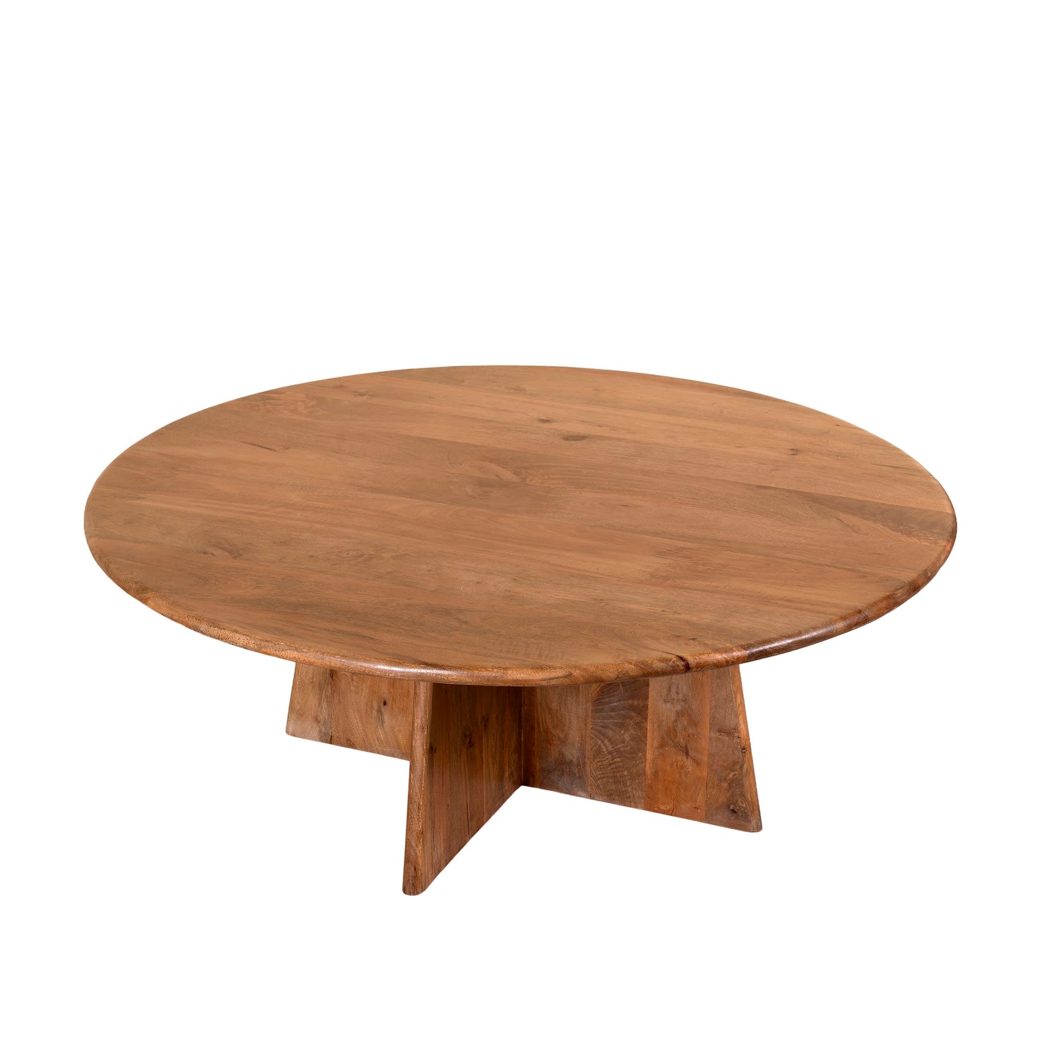 White background image of a round mango wood coffee table with rustic finish and cross-base design, Dia 120 × H 45 cm, living room furniture.