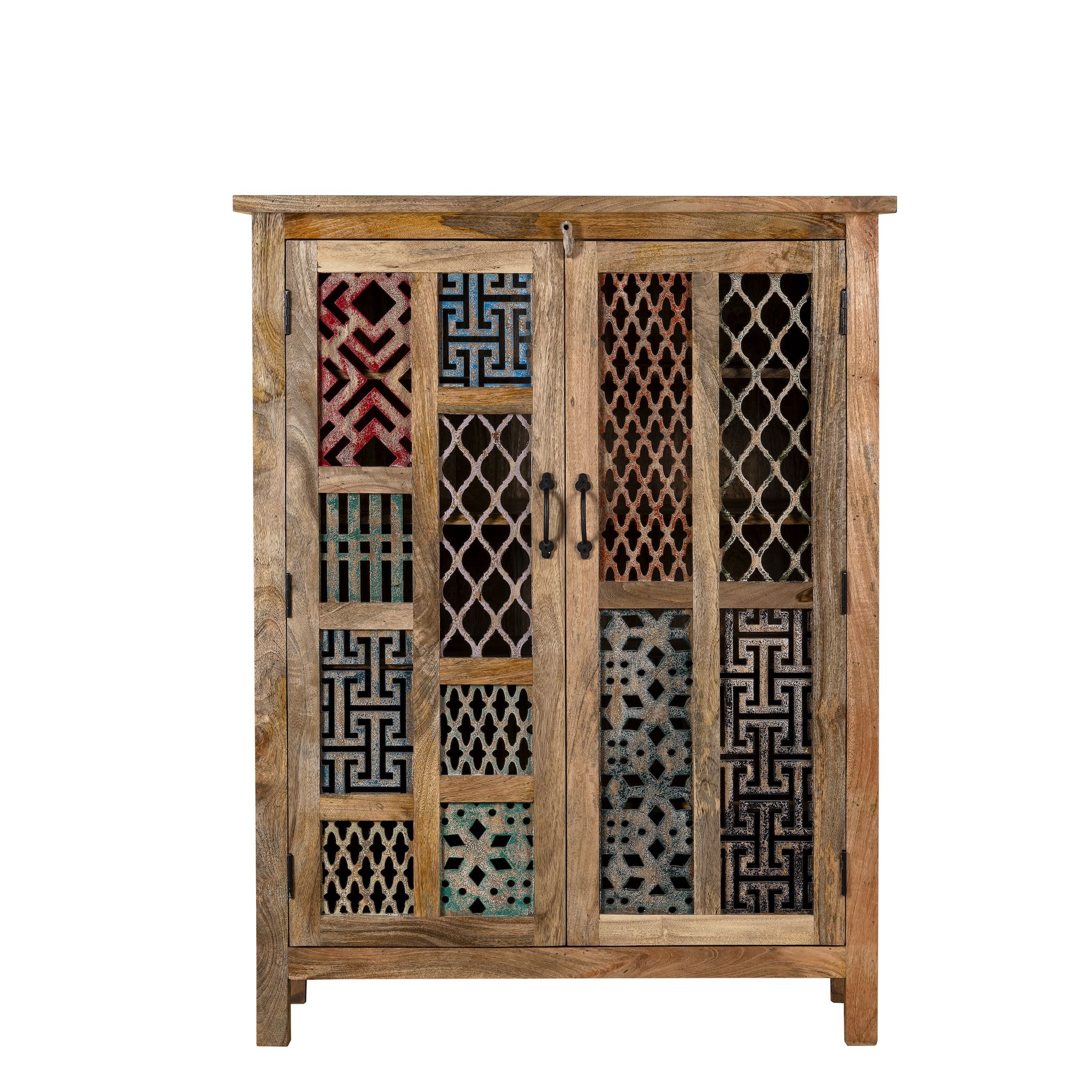 White background image of an artisanal mango wood cabinet with hand-carved floral and geometric lattice doors, distressed finish; ideal for boho style interiors, 100 × 45 × 130 cm.