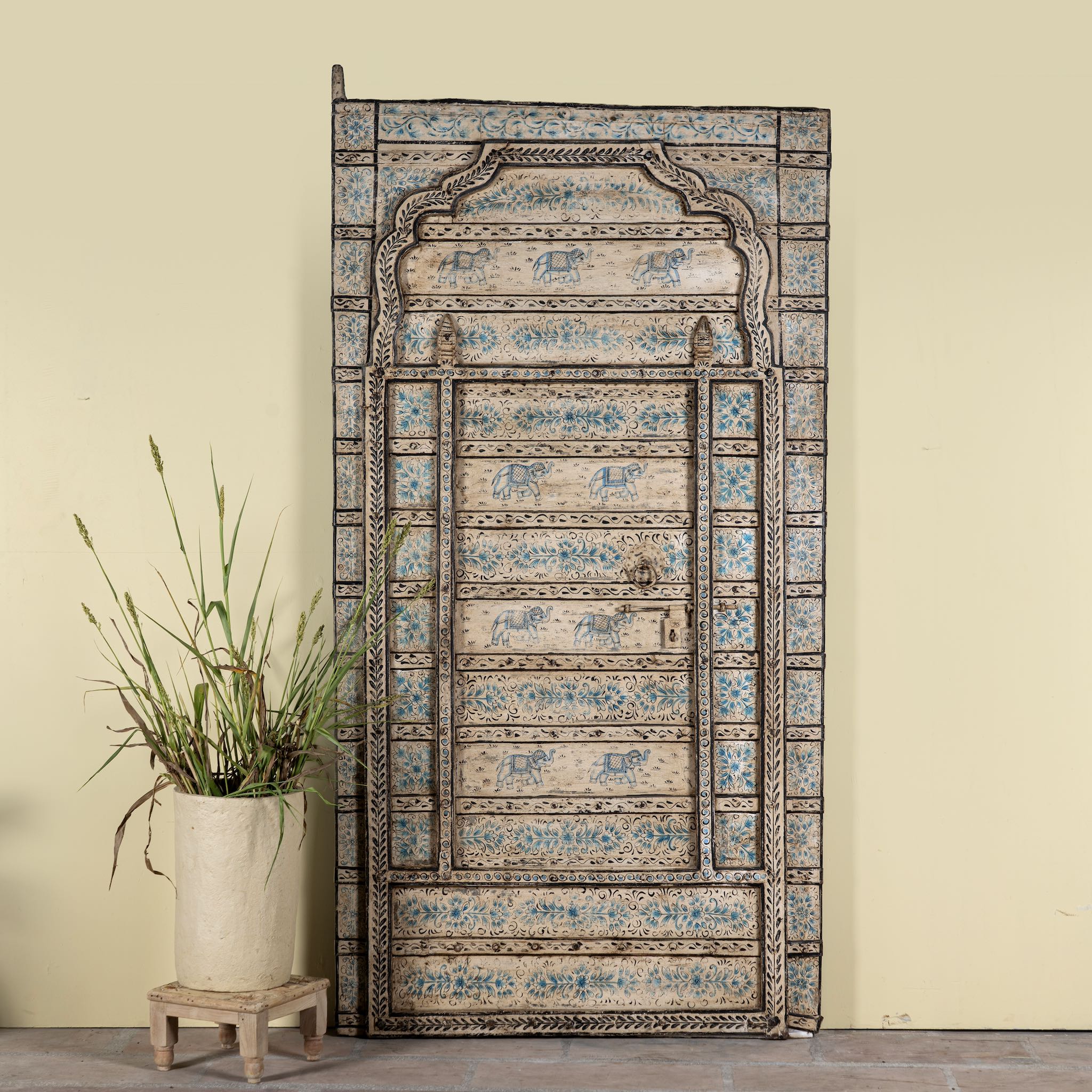 Antique hand-painted Indian teak wood door with floral and elephant motifs; vintage Indian doors for wooden wall decoration, 128 × 10 × 250 cm.