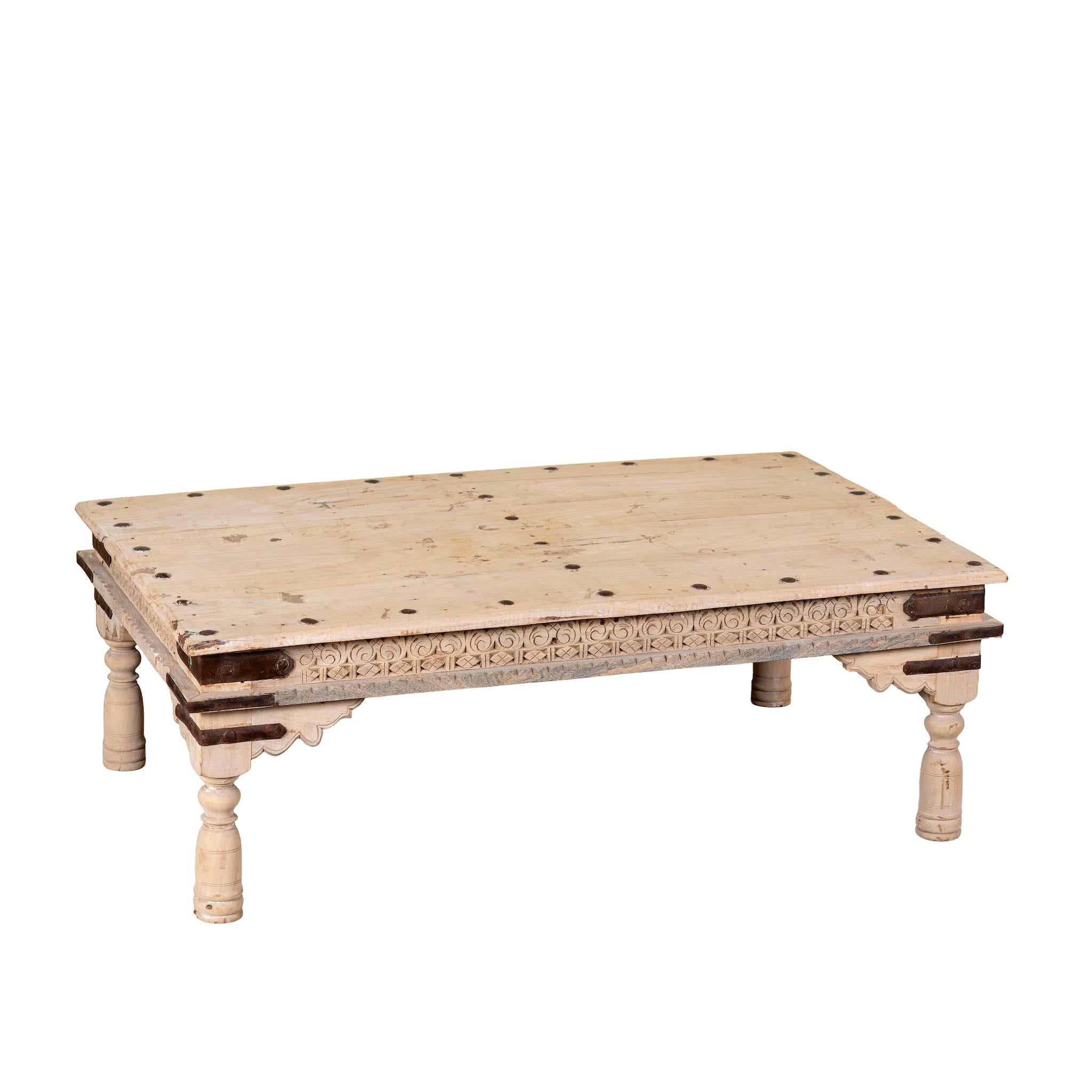 White background image of a Ibiza style coffee table teak wood, reclaimed teak with carved details; sustainable Indian coffee table, 122 × 77 × 44 cm.