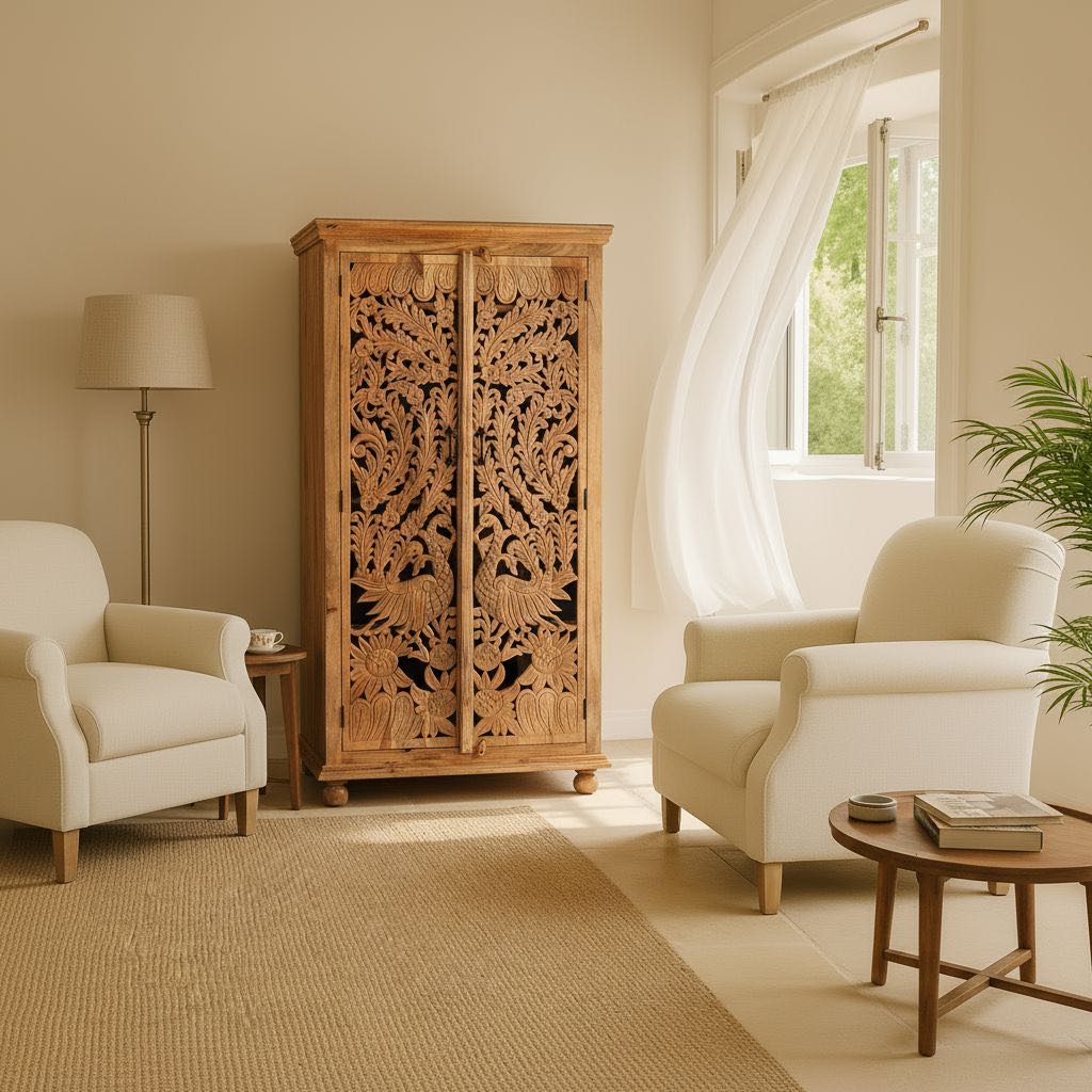 Lifestyle imagination of a hand-carved mango wood cupboard with Indian peacock design motifs, Mediterranean-style wardrobe; elegant mango wood furniture, 190 × 100 × 40 cm.