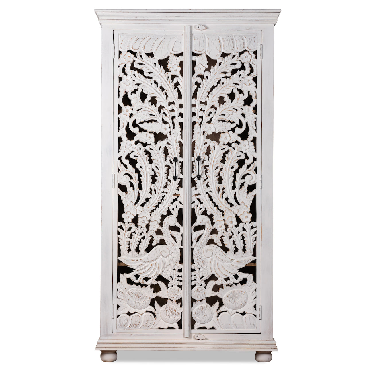 White background image of a hand-carved mango wood wardrobe with peacock and floral motifs, whitewashed finish; elegant wooden wardrobe and mango wood furniture, 190 × 100 × 40 cm.
