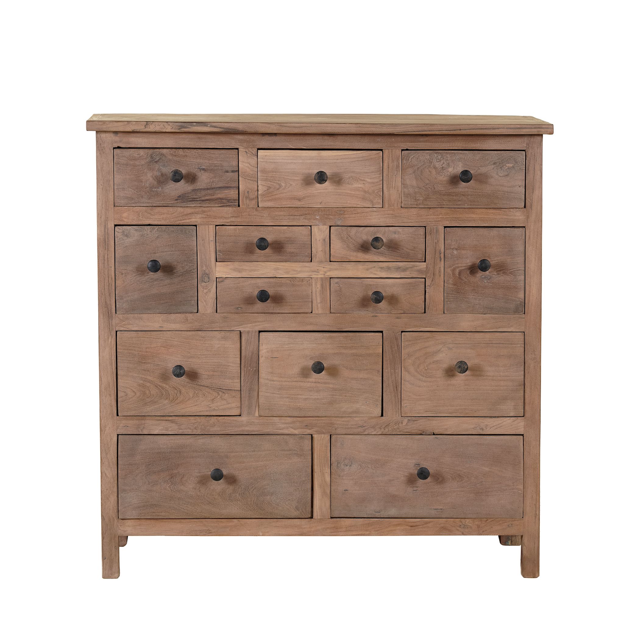White background image of a teak furniture chest of drawers made from reclaimed old teak wood, eco-friendly sustainable furniture in Ibiza style, 100 × 40 × 100 cm.