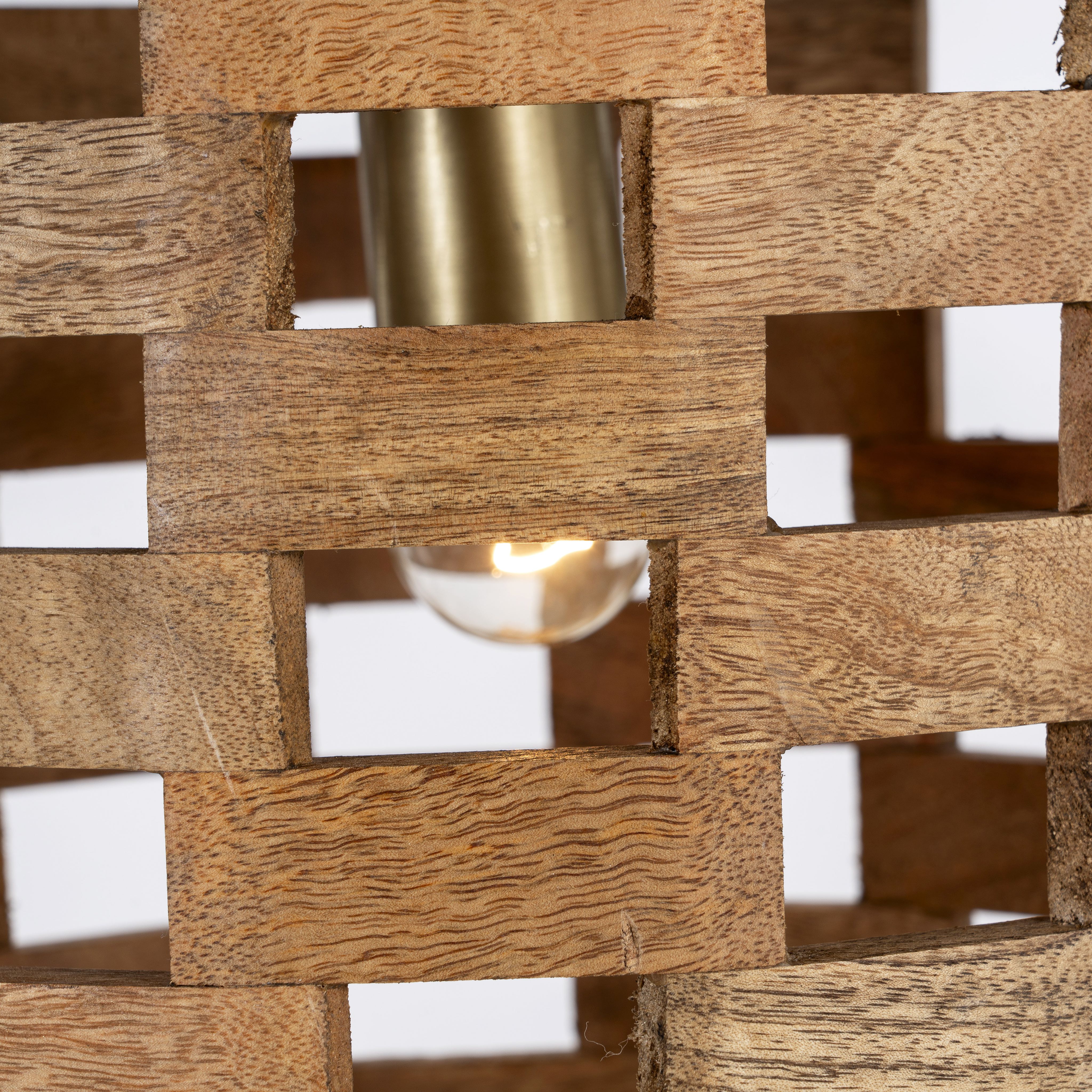 Close up image of a wooden vintage ceiling lamp made from natural mango wood with brass-clad edges and grid design – a refined piece of mango wood lighting for kitchens, dining areas, or entryways.