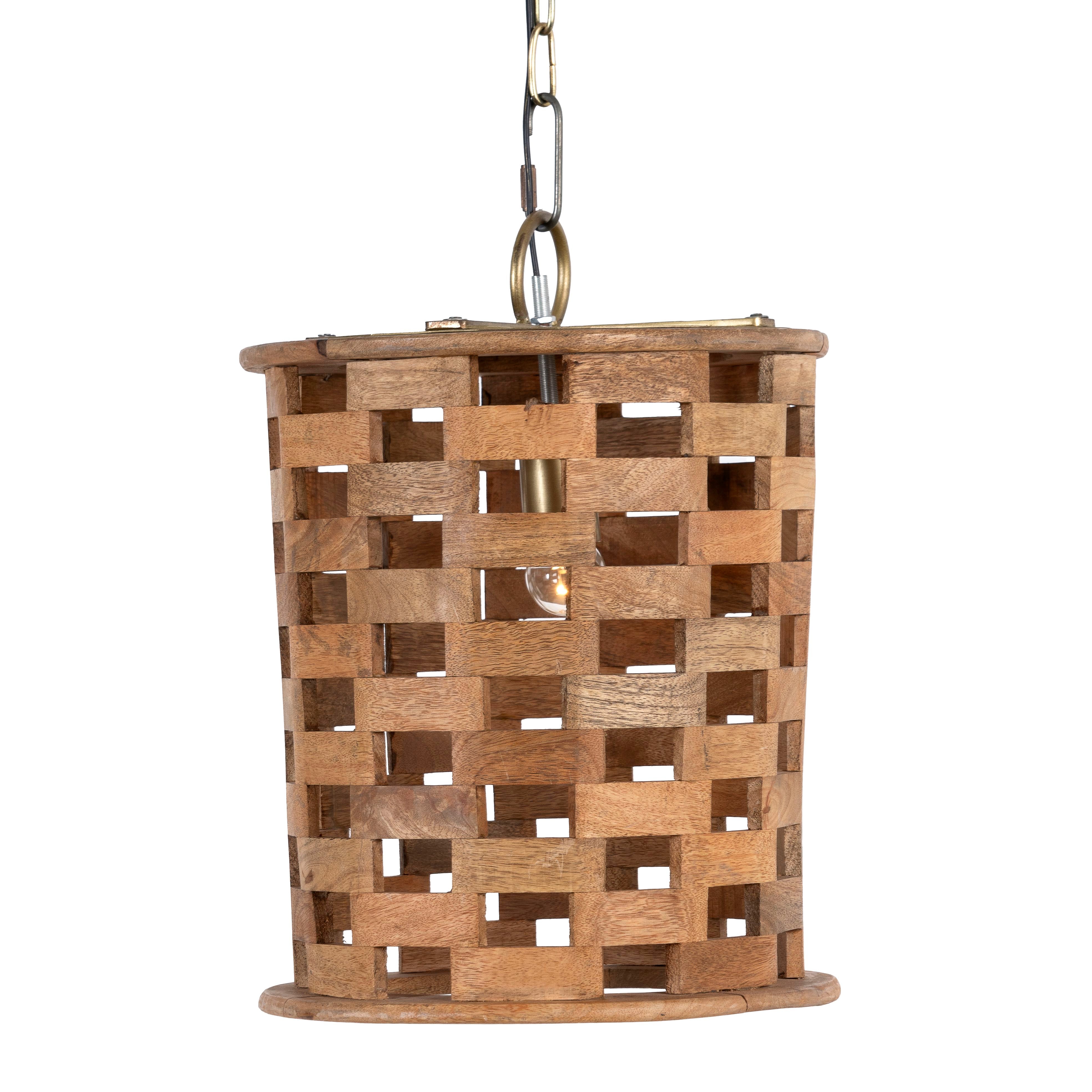A cylindrical grid design ceiling lamp made of natural mango wood with brass-cladded edges, in a grid pattern allowing light to filter through.